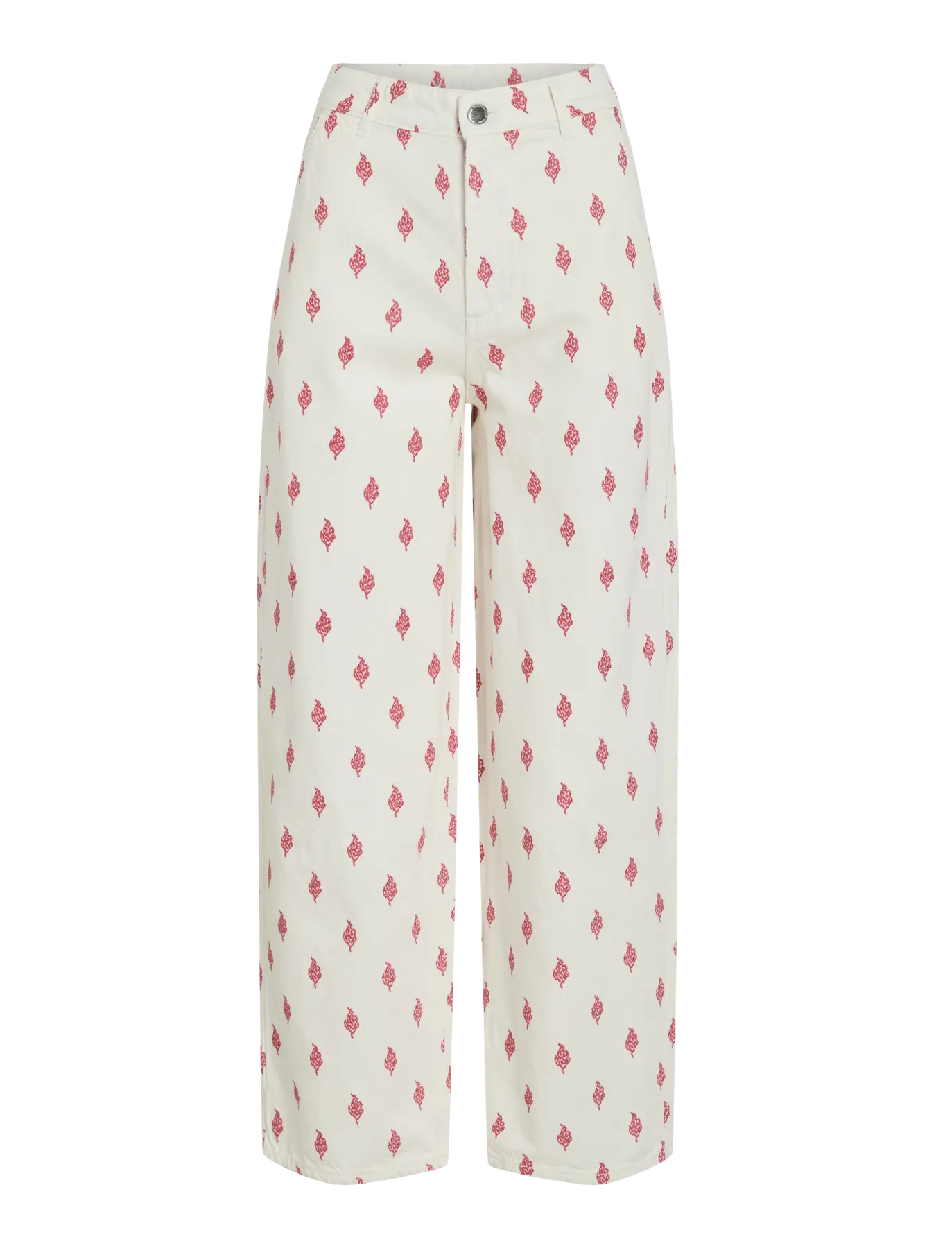 Pantalón denim blanco con estampado floral rojo de vila nueva colección cotton grey