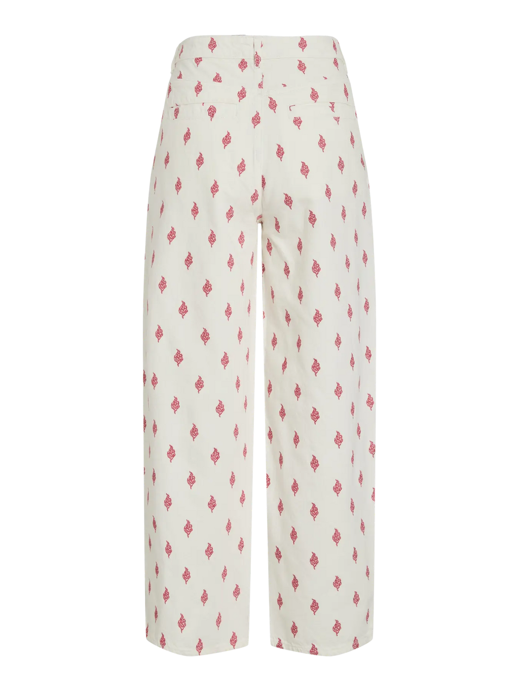 Pantalón denim blanco con estampado floral rojo de vila nueva colección cotton grey Piedras blancas