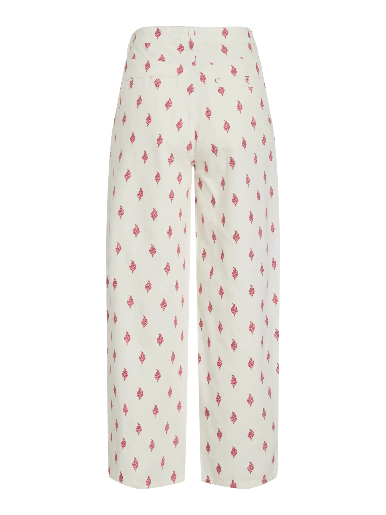 Pantalón denim blanco con estampado floral rojo de vila nueva colección cotton grey Piedras blancas