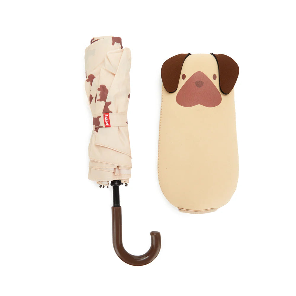 Paraguas plegable Balvi con diseño de perro beige y funda protectora. Ligero, original y práctico. Disponible en Cotton Grey Piedras Blancas Asturias.
