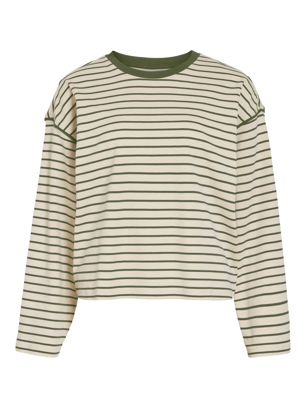 Sudadera Vila de mujer con rayas verde kaki y corte relajado. Básico imprescindible para looks urbanos y combinaciones cómodas de diario.