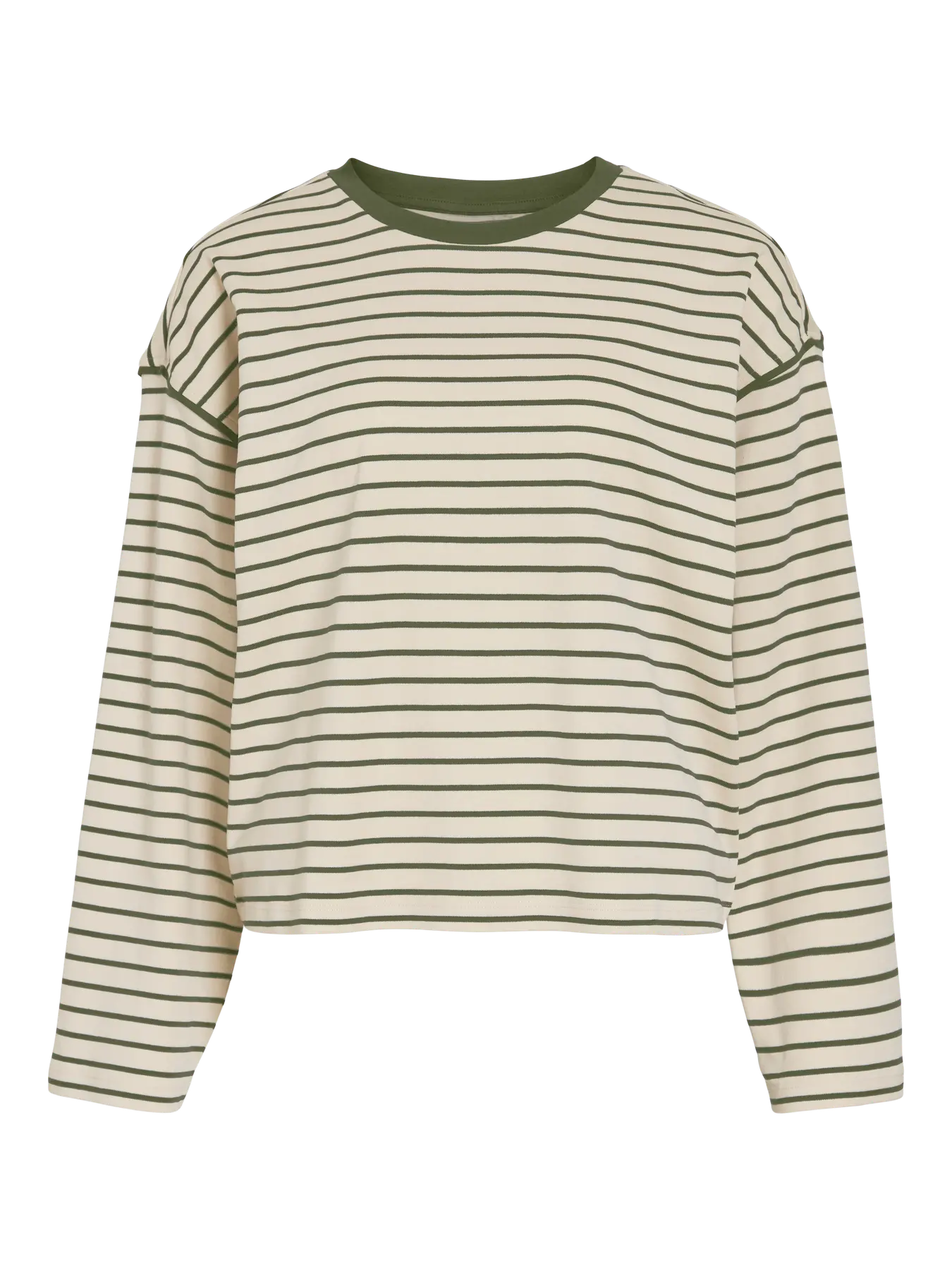 Sudadera Vila de mujer con rayas verde kaki y corte relajado. Básico imprescindible para looks urbanos y combinaciones cómodas de diario.