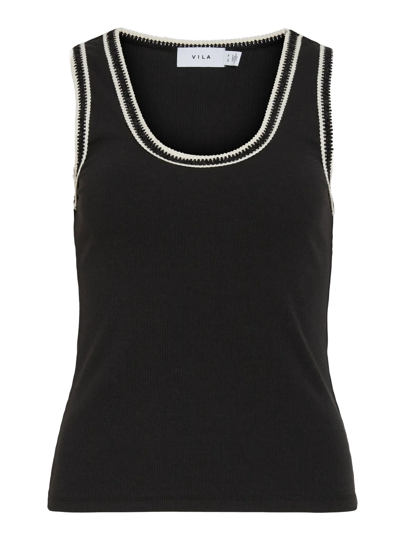 Top Vila negro sin mangas con detalle crochet blanco en cuello y sisas Cotton grey piedras Blancas Asturias