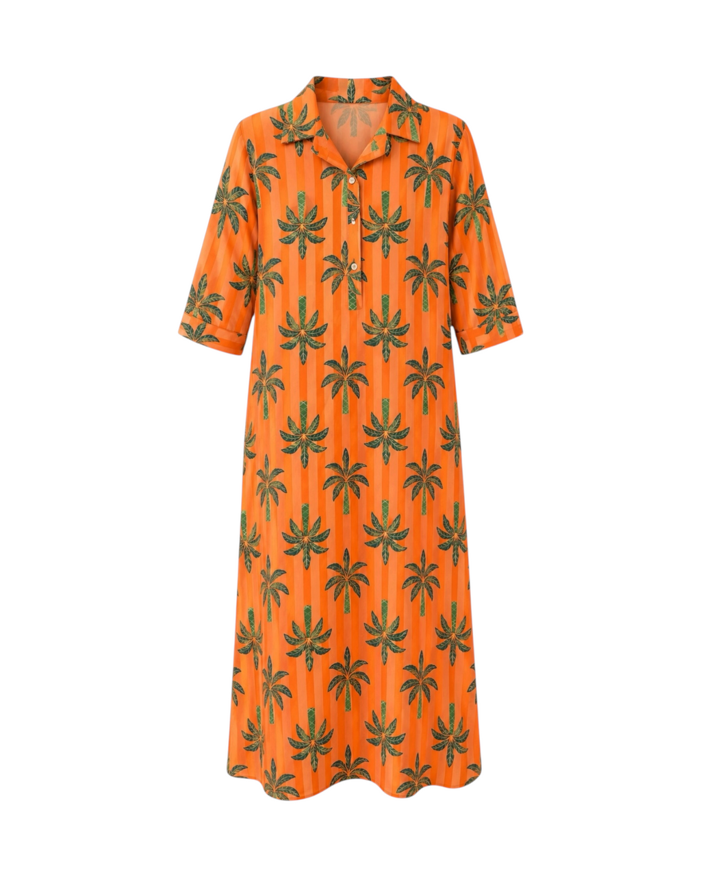 Foto de vestido camisero rayas naranjas y palmeras verdes manga francesa largo