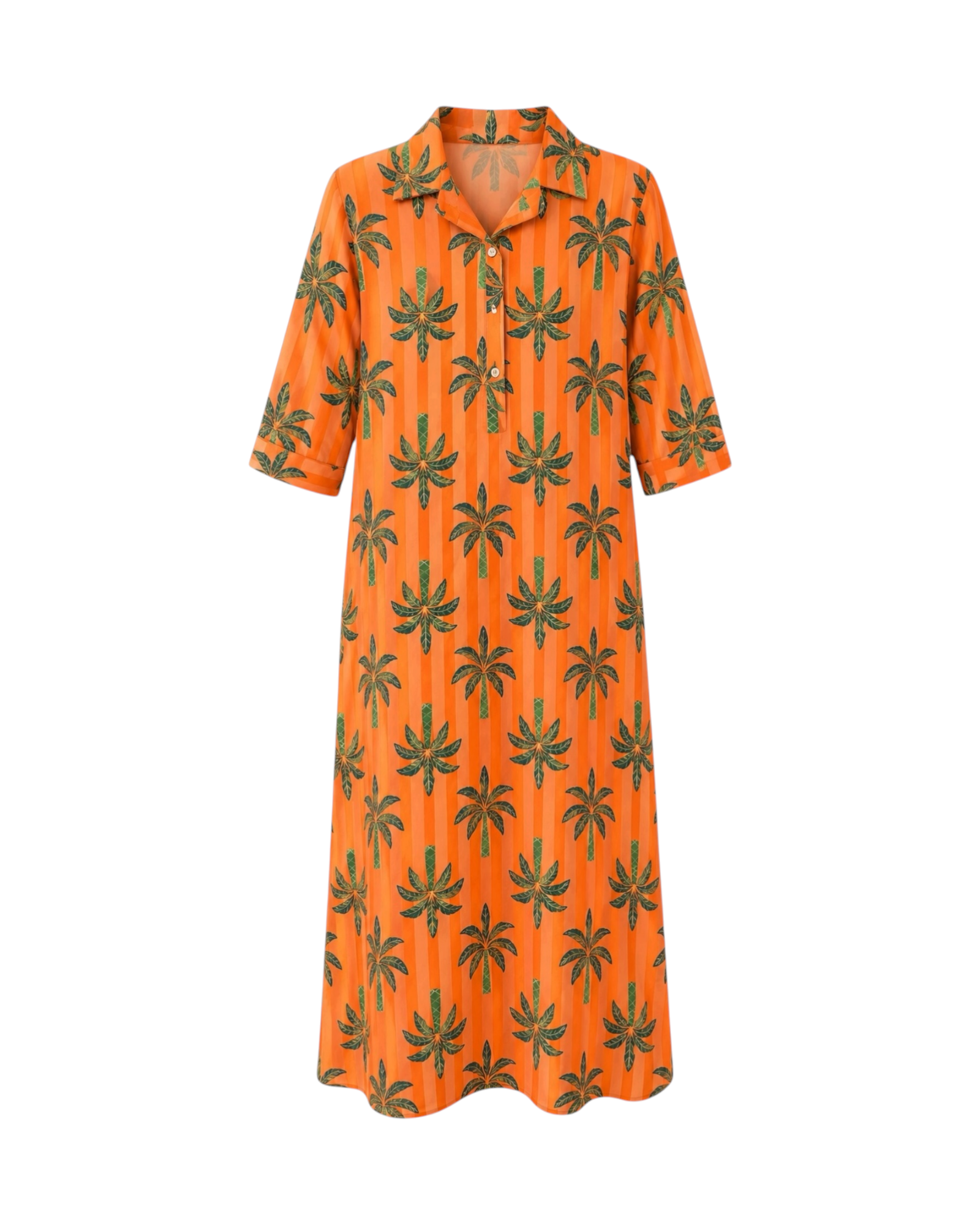 Foto de vestido camisero rayas naranjas y palmeras verdes manga francesa largo