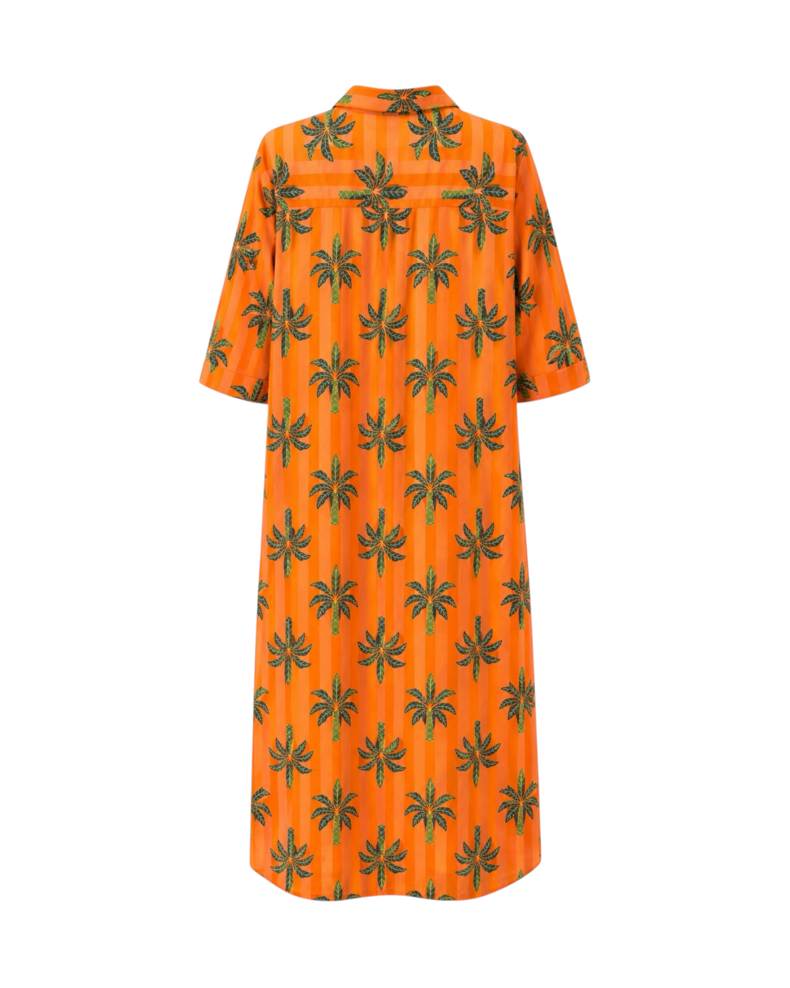 Vestido largocamisero rayas naranjas verticales y palmeras verdes