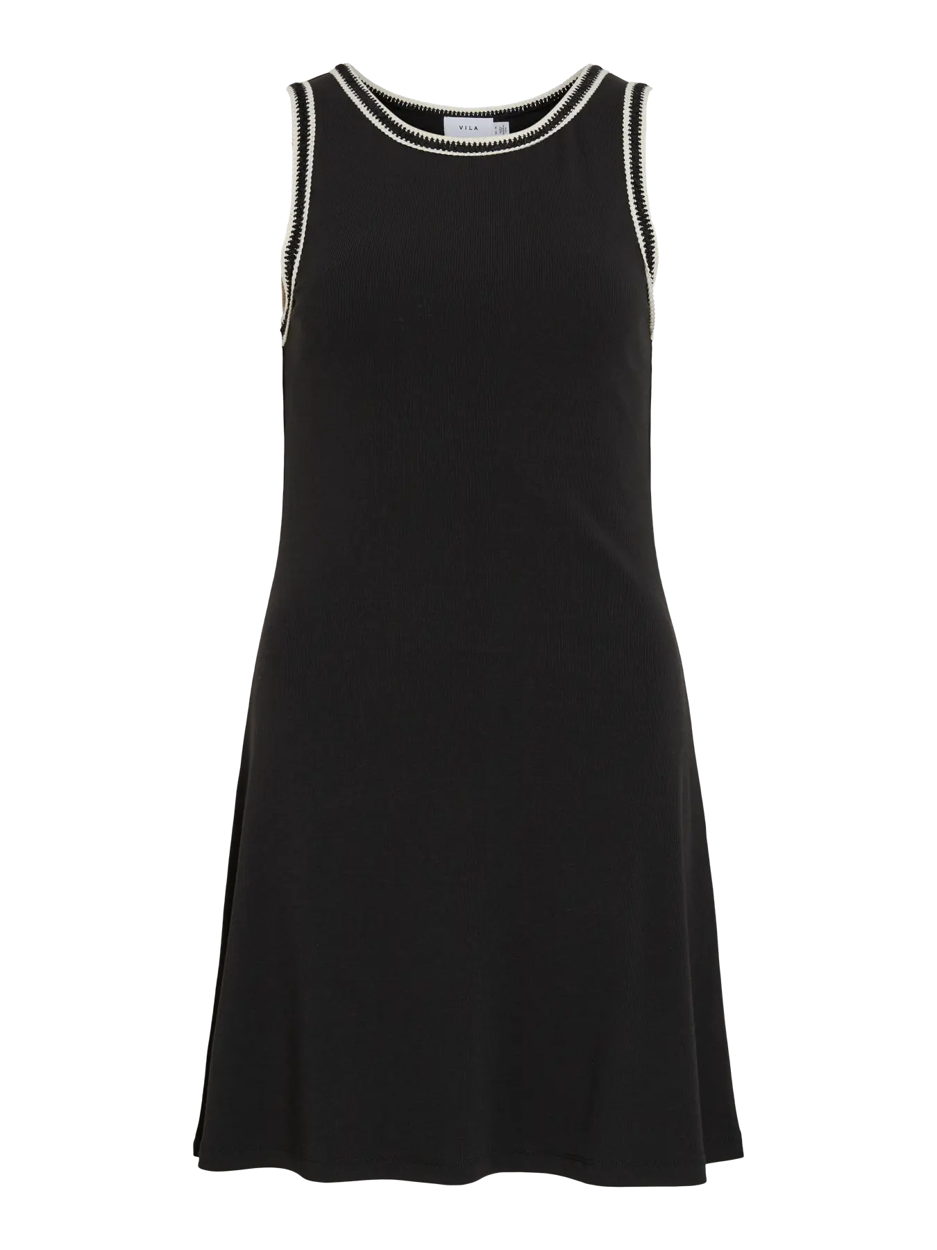 Delantero Vestido negro corto sin mangas detalle crochet blanco Vila Cotton Grey Piedras Blancas Asturias