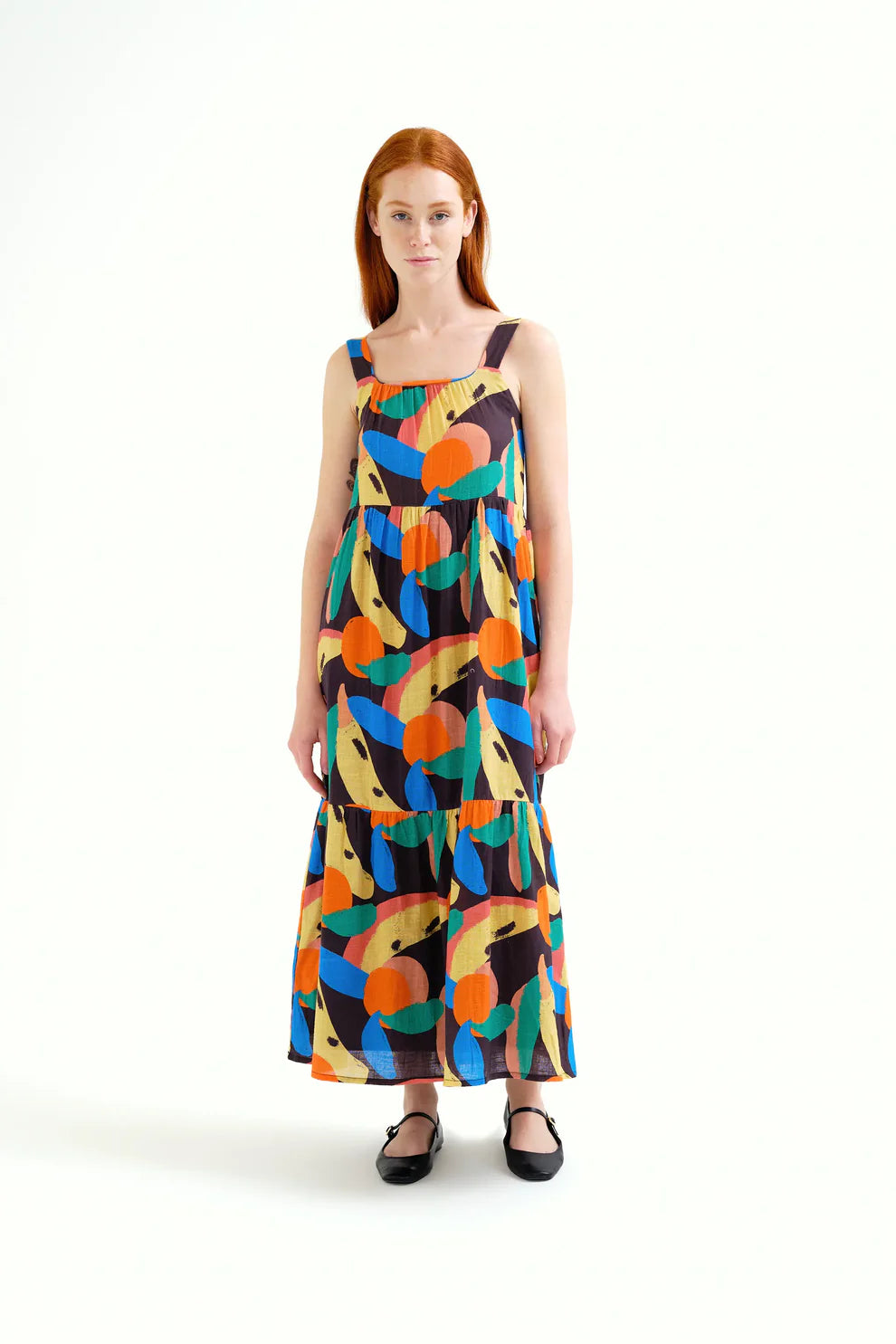 Vestido largo estampado frutal multicolor mujer frontal