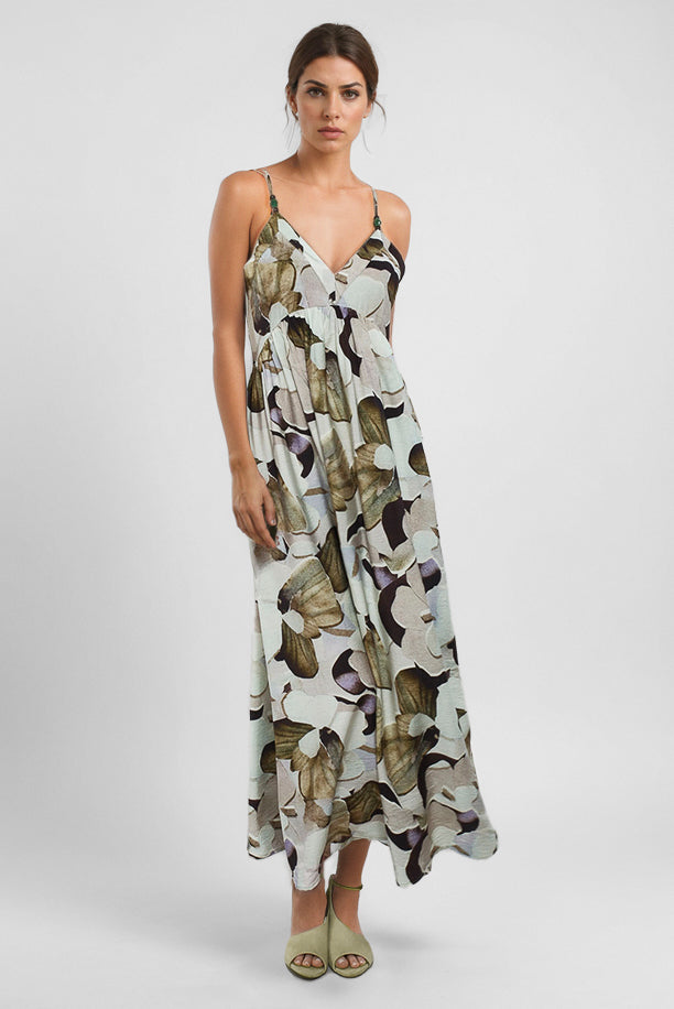 Vestido largo estampado Jungle con tirantes finos y escote en V de Goa Goa en Cotton Grey vista frontal