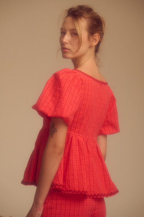 Vista trasera Blusa Natalia Maggie Sweet escote cuadrado peplum manga globo Cotton Grey Asturias