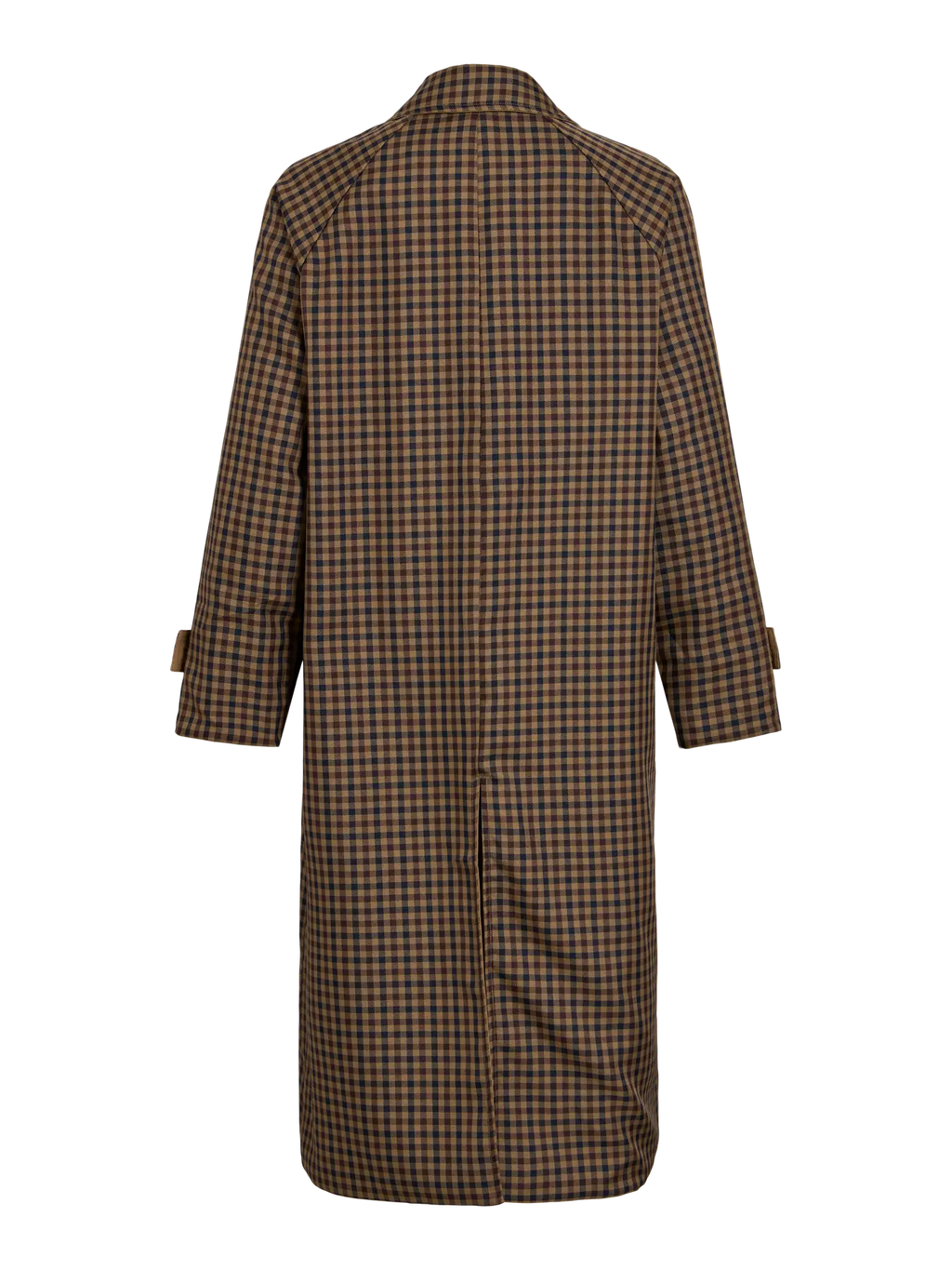Vista trasera Trenh gabardina larga cuadros escoceses tonos marron y granate de vila con abertura central trasera y trabilla en mangas cuello simple