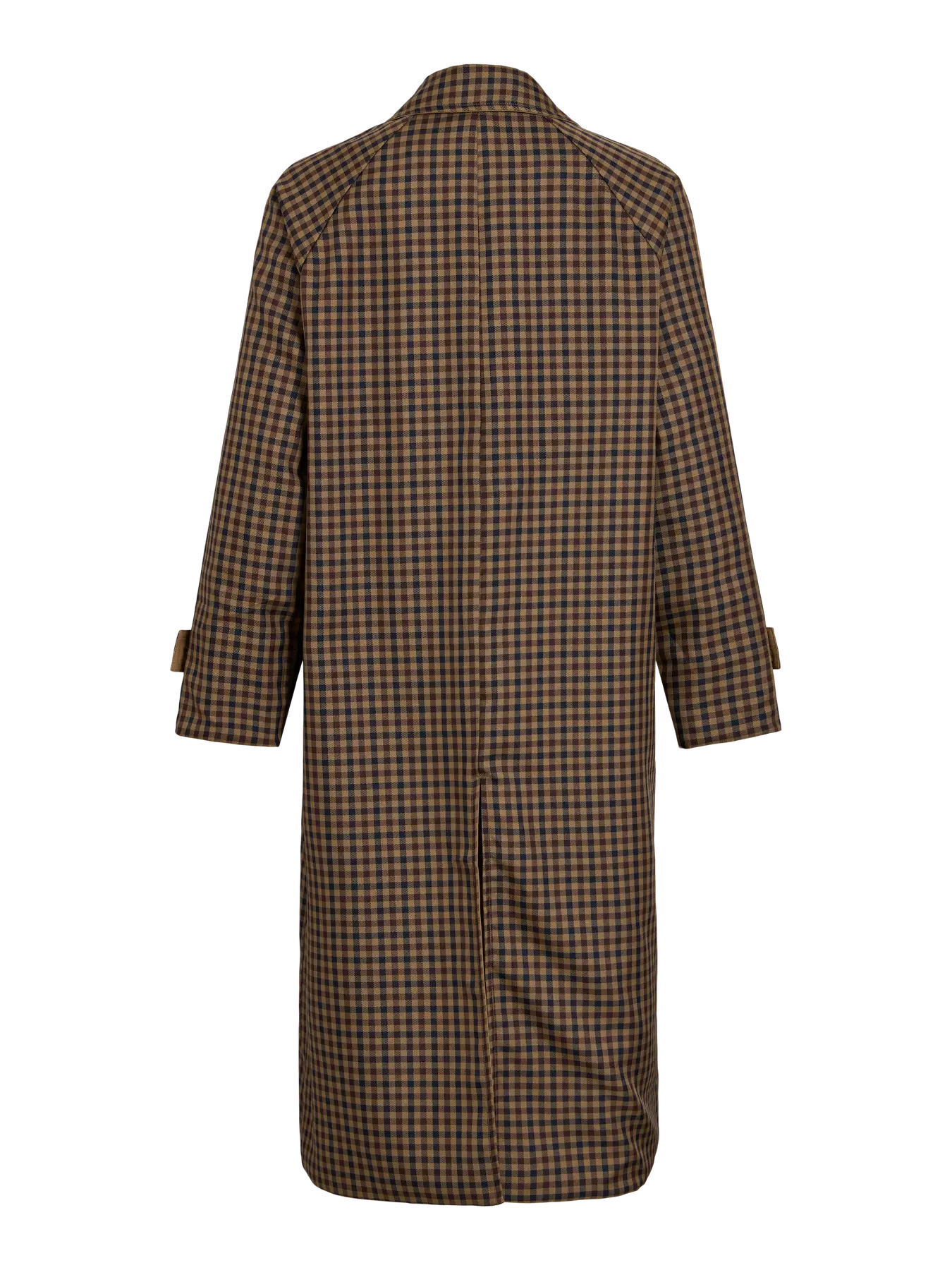 Vista trasera Trenh gabardina larga cuadros escoceses tonos marron y granate de vila con abertura central trasera y trabilla en mangas cuello simple