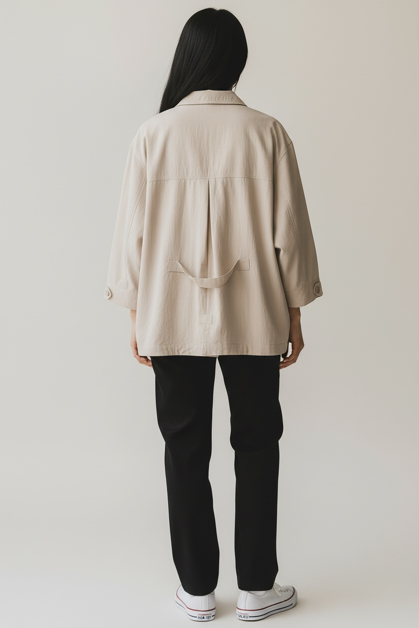 detalle trasero chaqueta beige entretiempo mujer estilo casual