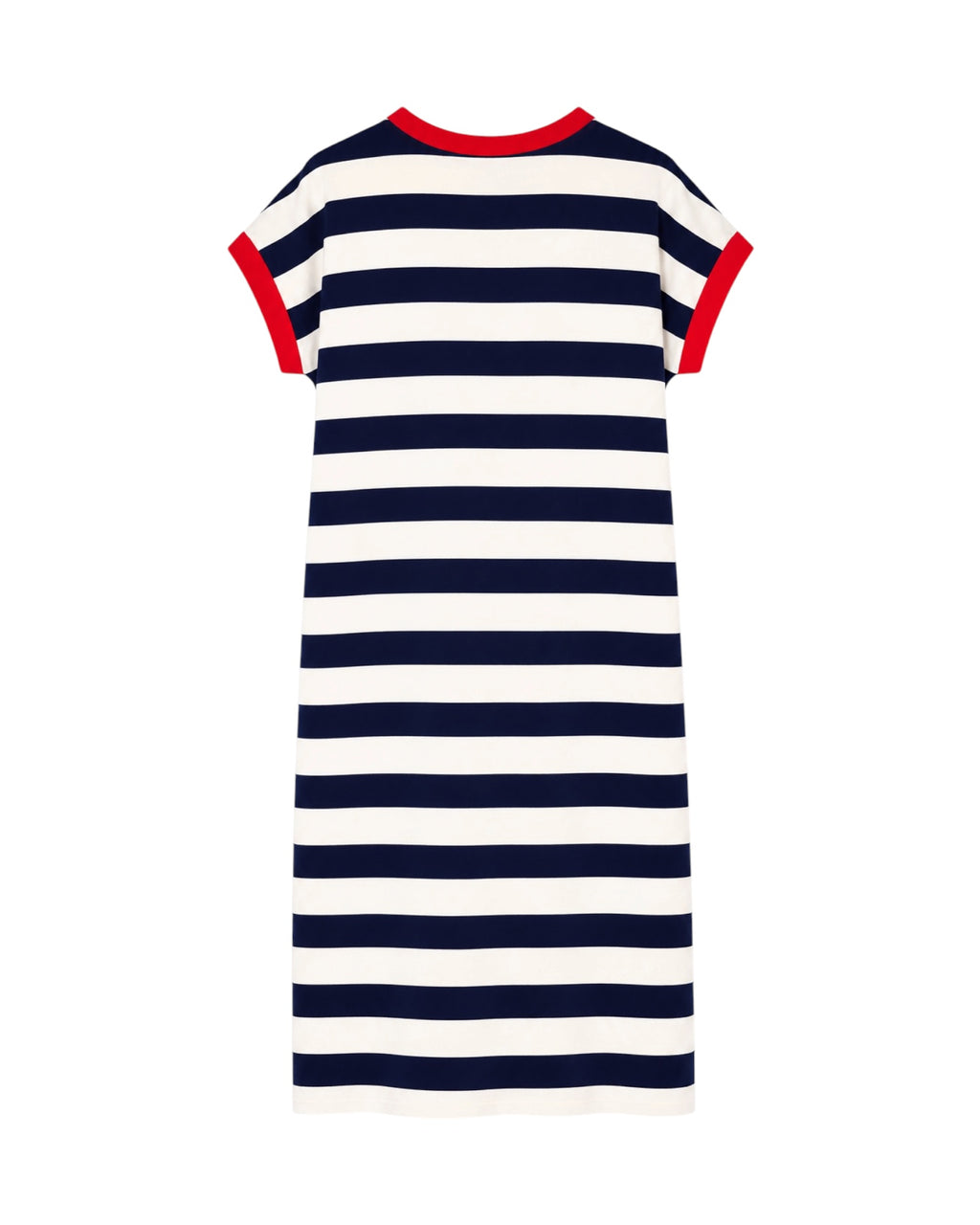 Parte trasera del Vestido Capri de rayas marineras largo con detalles en rojo.