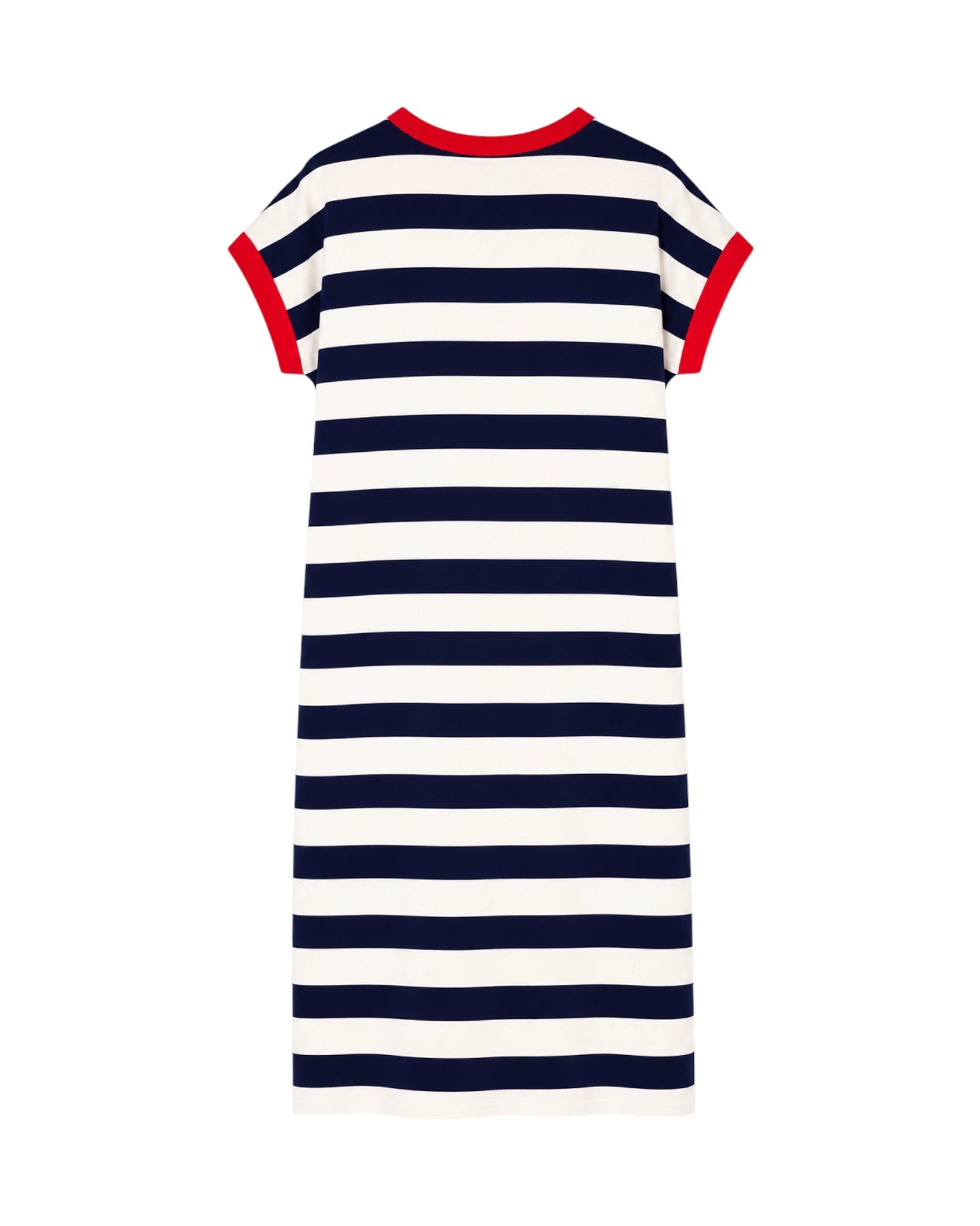 Parte trasera del Vestido Capri de rayas marineras largo con detalles en rojo.