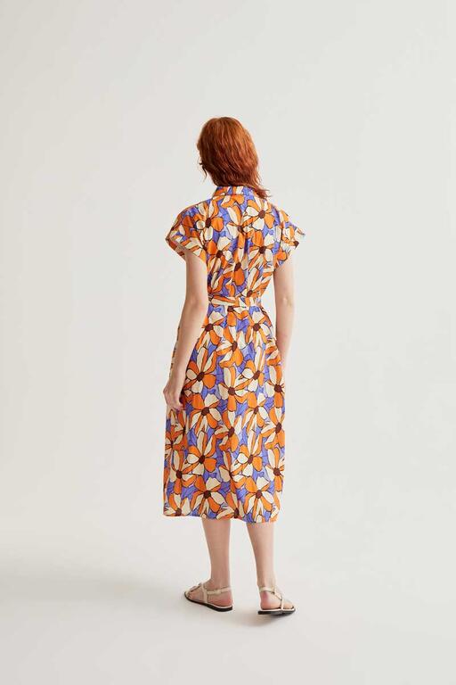 Vista trasera de vestido largo floral naranja y lila de Compañía Fantástica en Cotton Grey