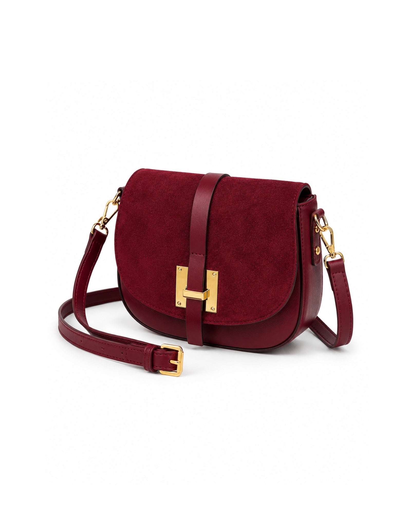 Bolso Olivia de piel color Granate con solapa de serraje, cierre metálico dorado y bandolera regulable.