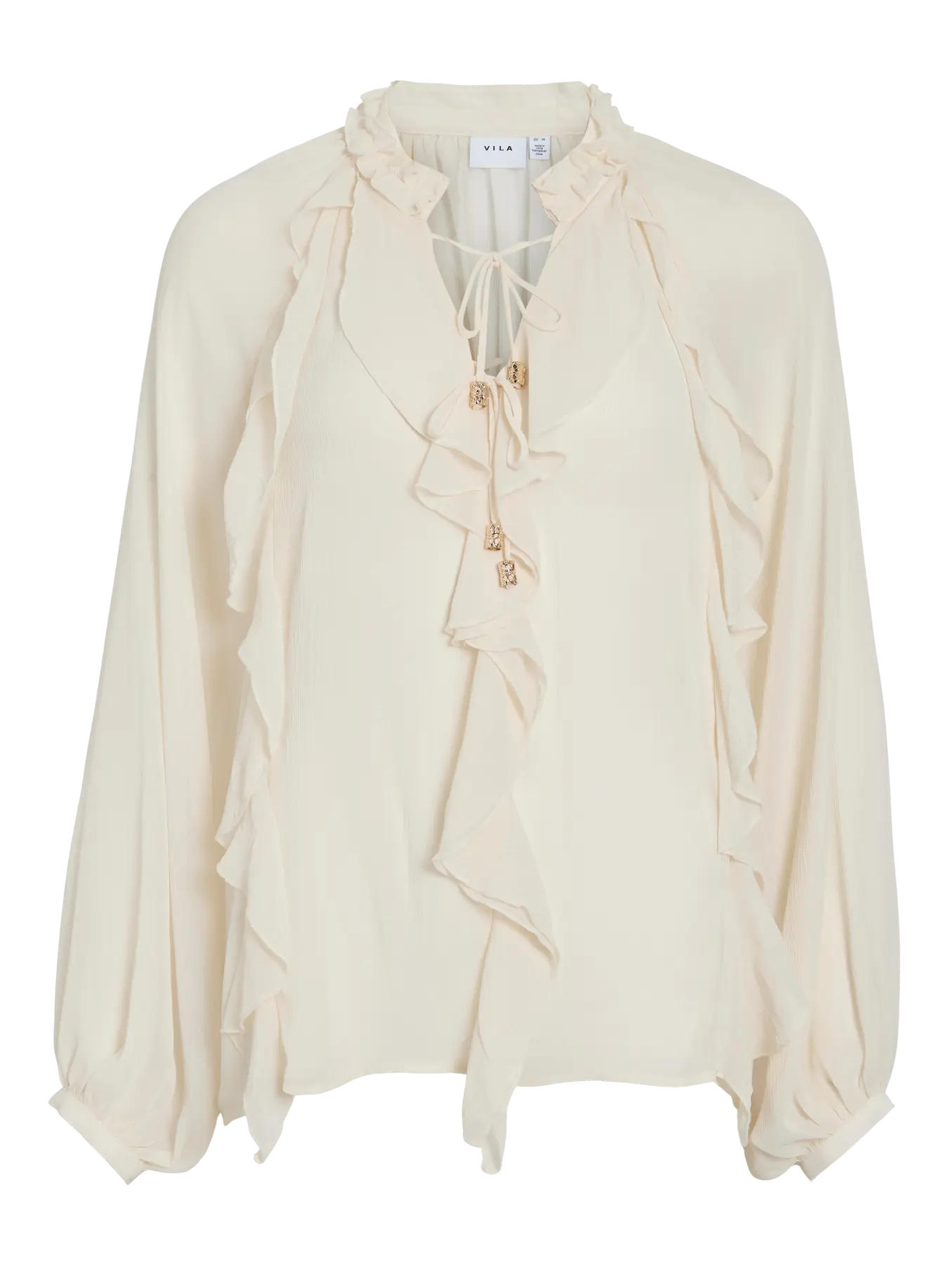 blusa beige elegante camisa con volantes gasa y manga abullonada Vila moda mujer en cotton grey