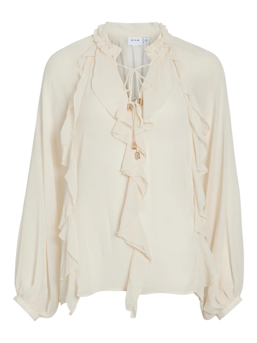 blusa beige elegante camisa con volantes gasa y manga abullonada Vila moda mujer en cotton grey