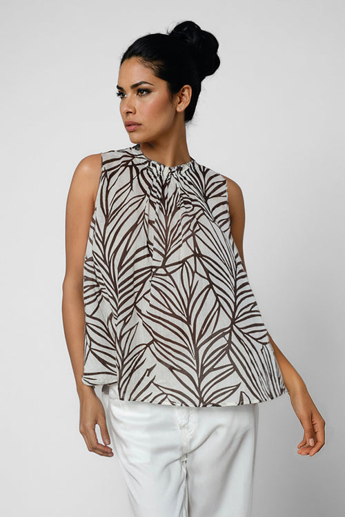 Blusa Selene estampado hojas tonos tierra sin mangas Goa Goa Cotton Grey Asturias