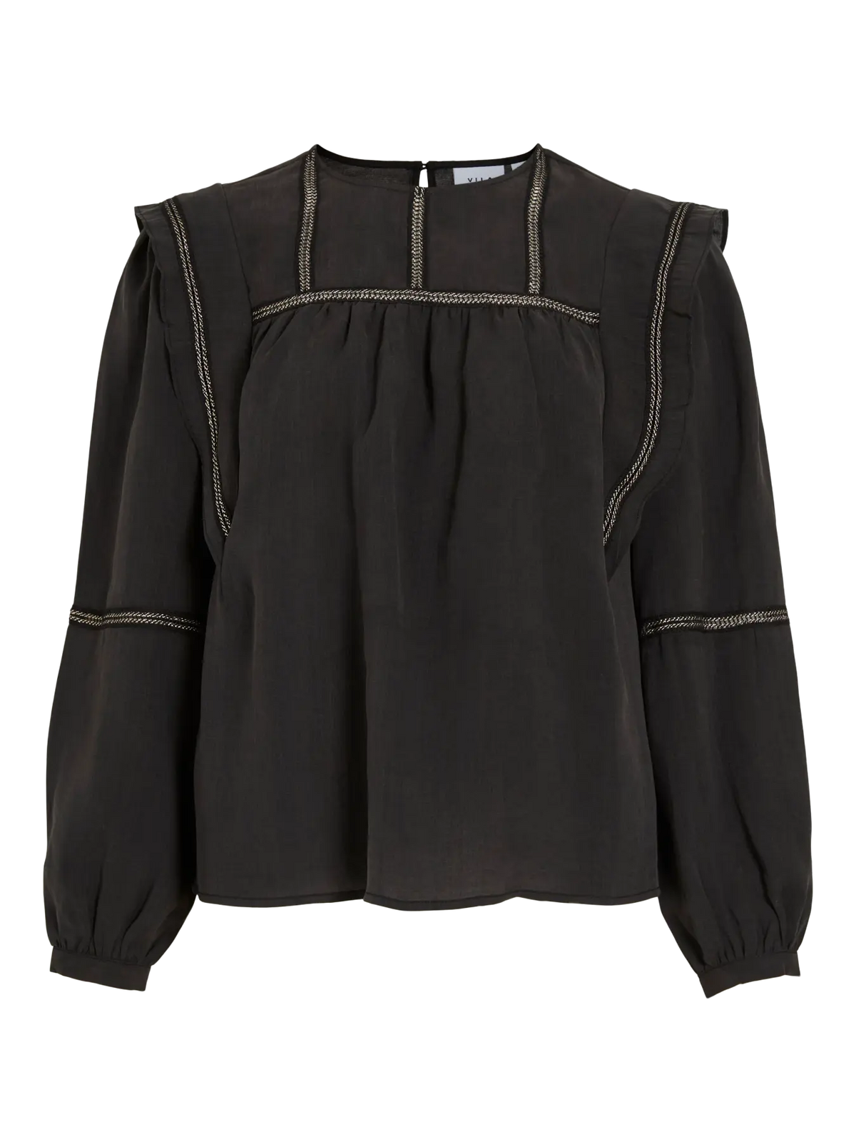 Blusa Fratia negra VILA con volantes y pasamanería decorativa vista de frente