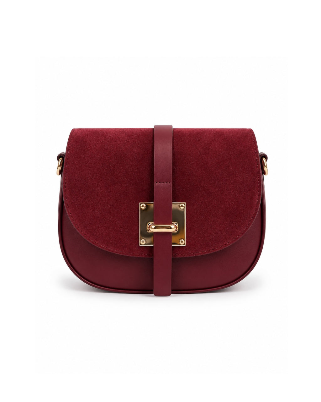 Bolso Olivia de piel color granate con solapa de serraje, cierre metálico dorado y bandolera regulable.