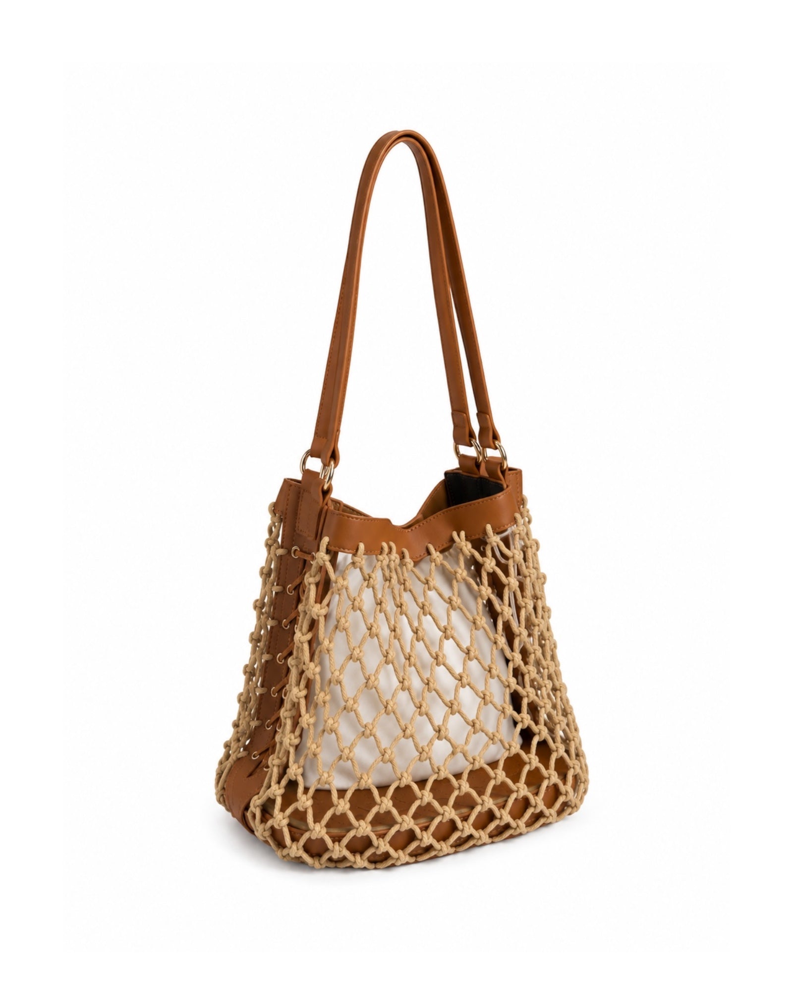 Diseño de rejilla artesanal.
Bolso interior extraíble.
Detalles efecto piel color cuero.
Asas largas para llevar al hombro.
Amplio, ligero y cómodo.
Ideal para primavera y verano.
