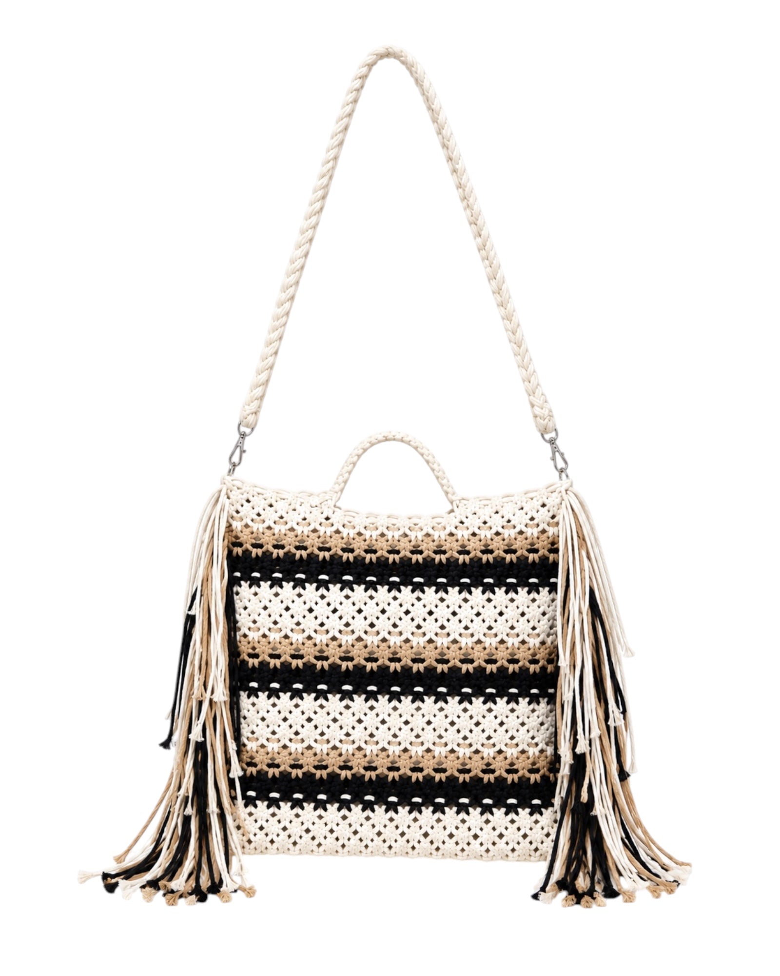 Bolso Zahara de crochet con flecos laterales, asa trenzada y diseño shopper en tonos blanco, beige y negro.