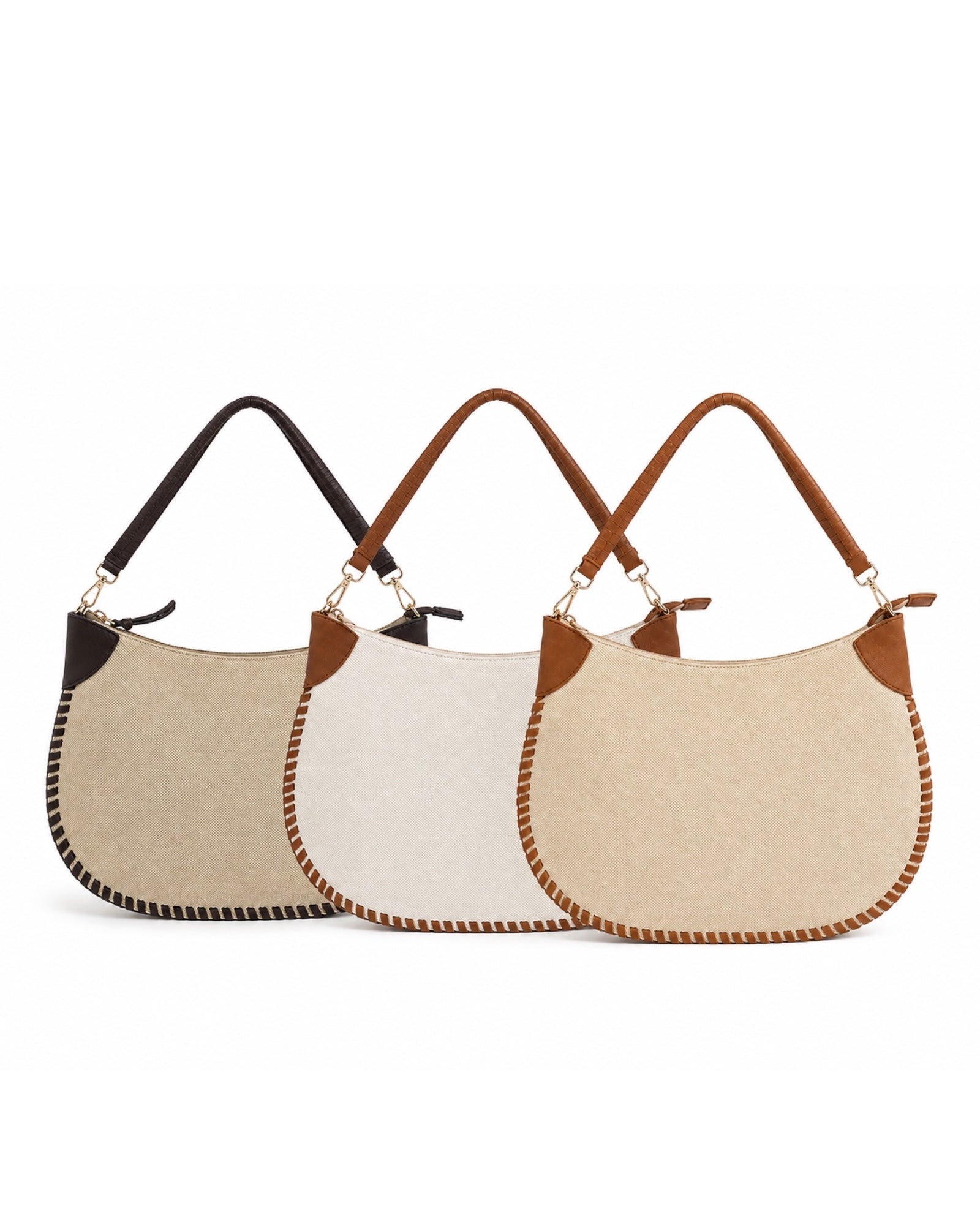 Bolso Moon disponible en combinación beige con camel, blanco roto y negro.