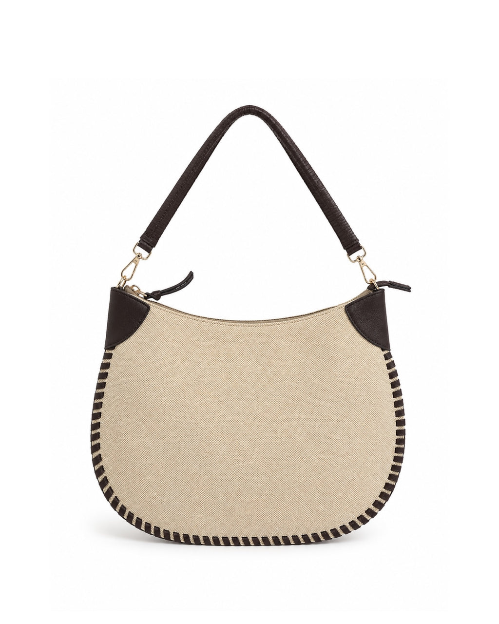Bolso Moon de lona beige con detalles negros y diseño de media luna.