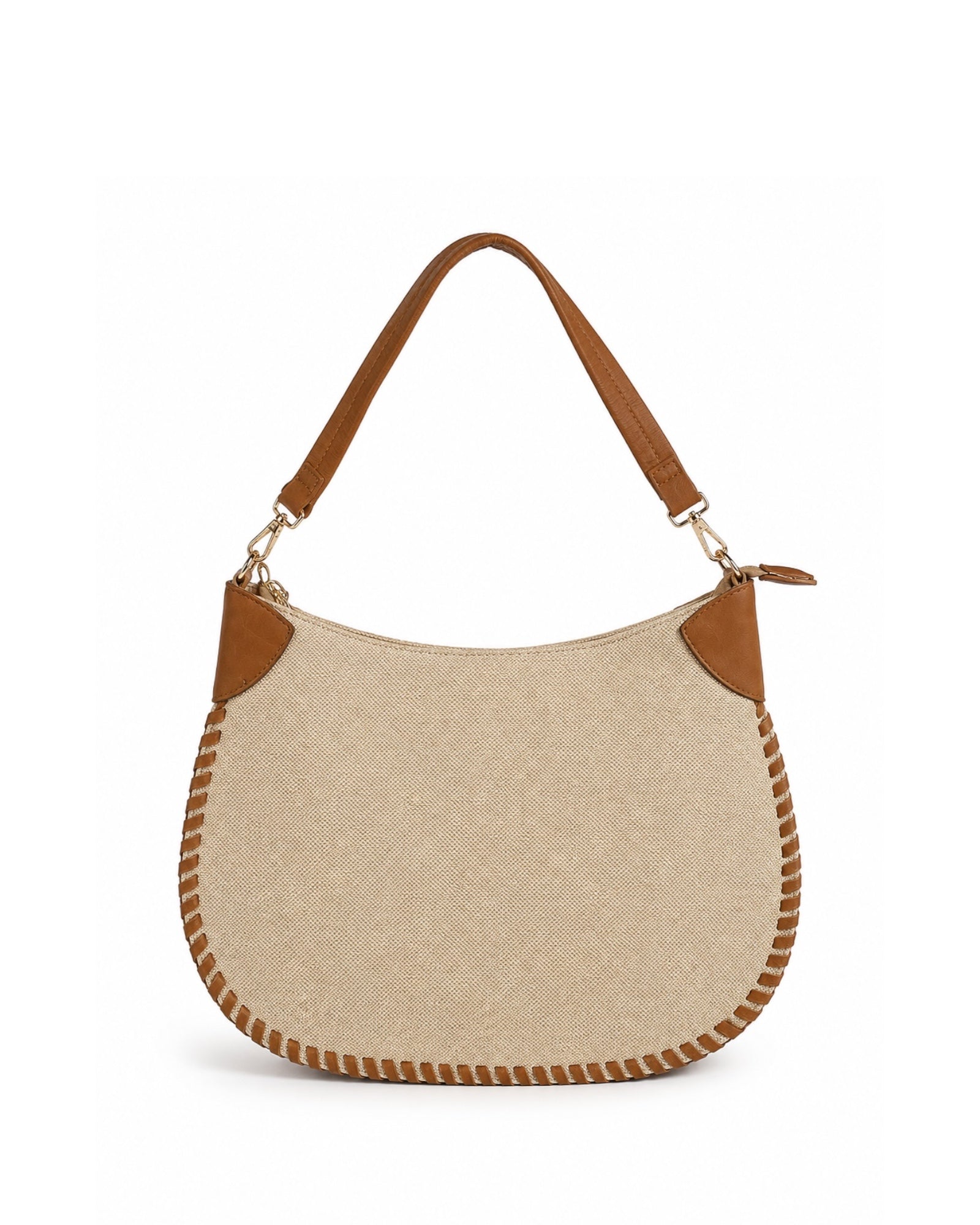 Bolso Moon de lona beige con detalles camel y diseño de media luna para mujer.