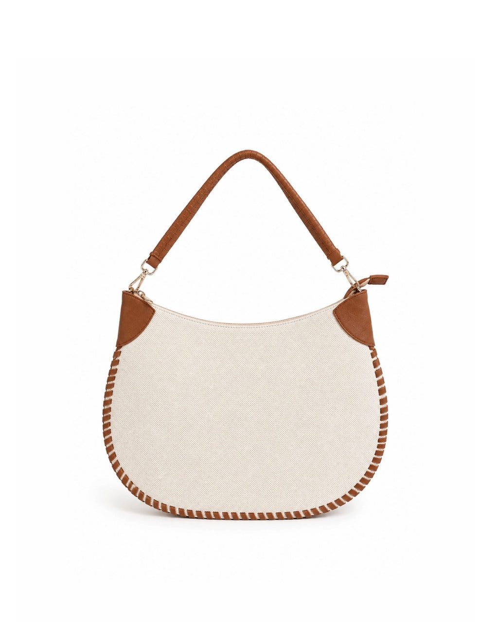 Bolso Moon de lona blanco roto con detalles camel y asa de hombro.
