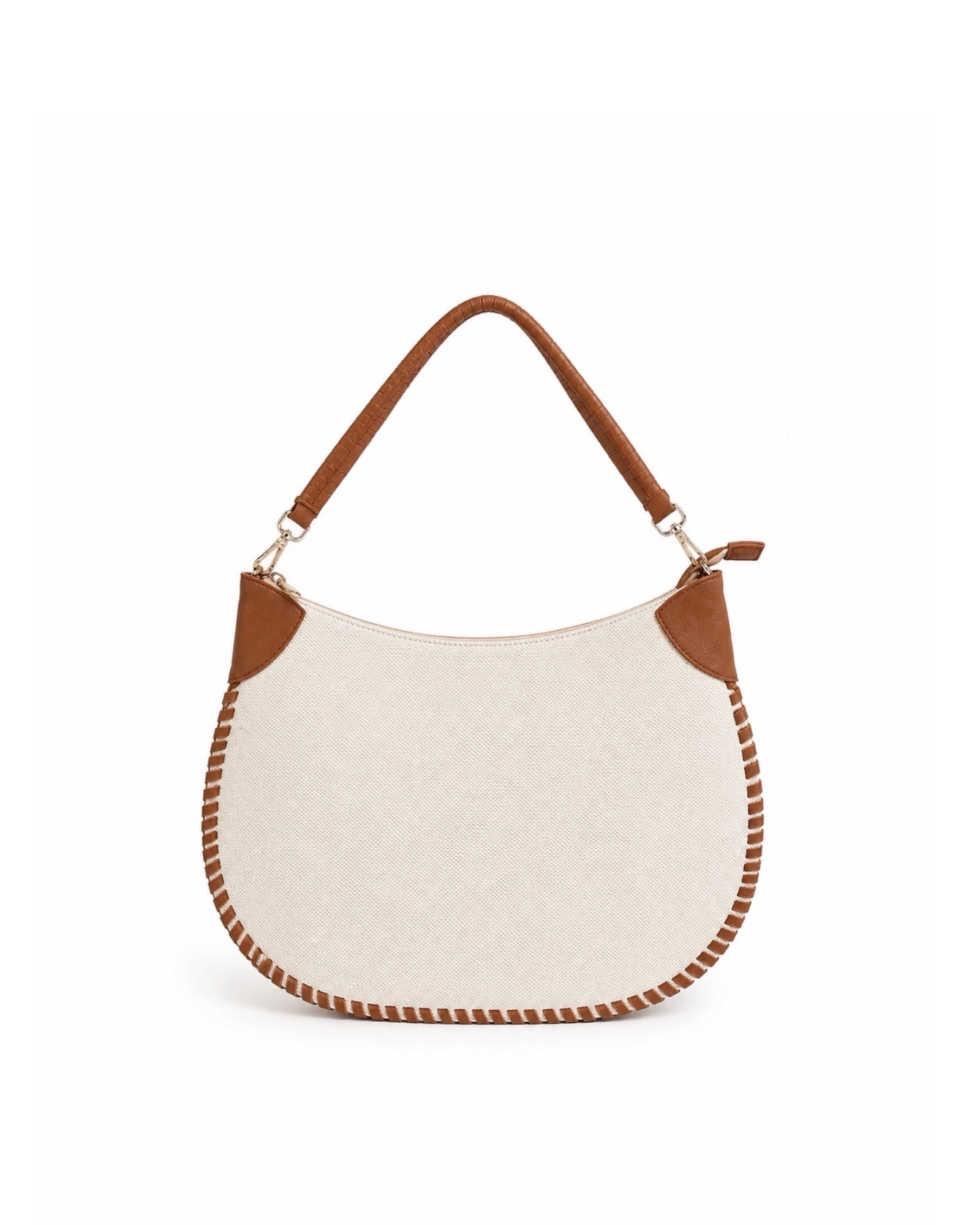 Bolso Moon de lona blanco roto con detalles camel y asa de hombro.