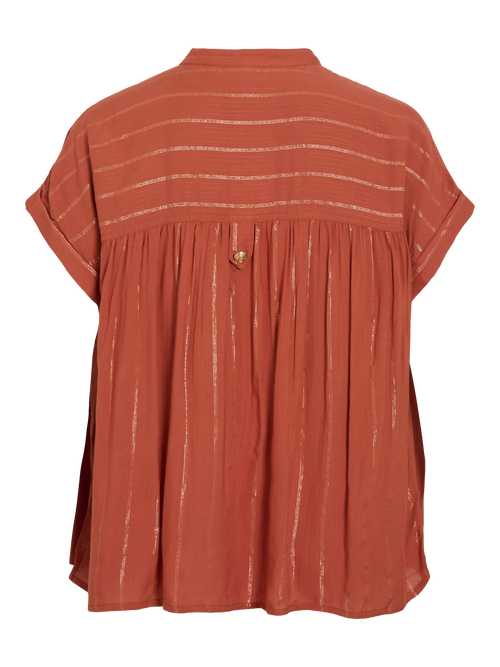 Camisa naranja Vila cuello mao con botones dorados detalle trasero nueva coleccion en cotton grey