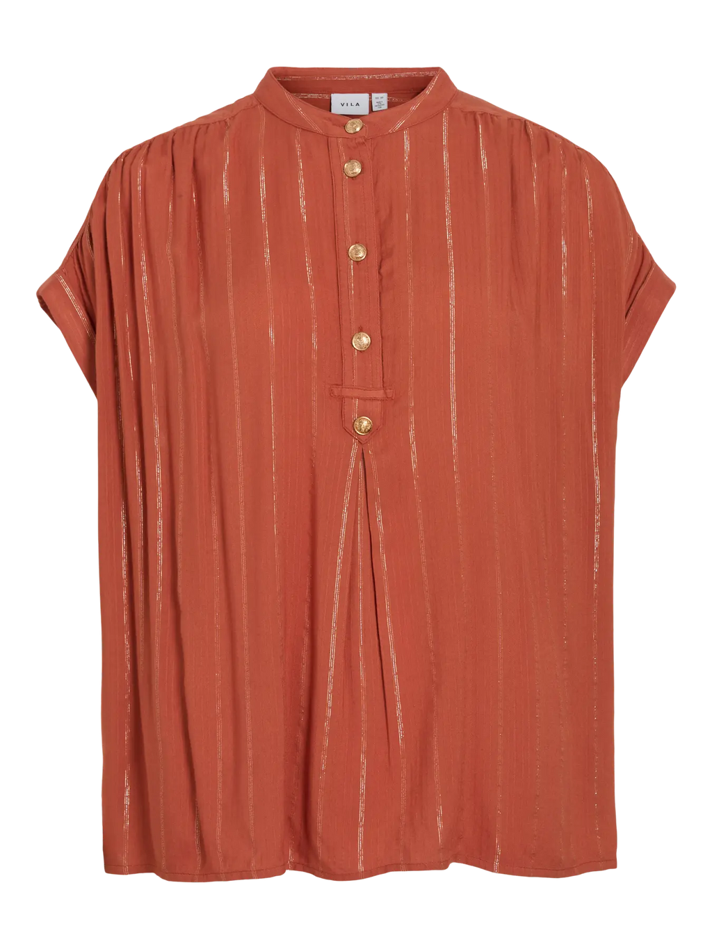 Camisa naranja de manga corta Vila con cuello mao y botones dorados. Tejido ligero con hilo metalizado y caída fluida. Nueva colección Cotton grey disponible online.