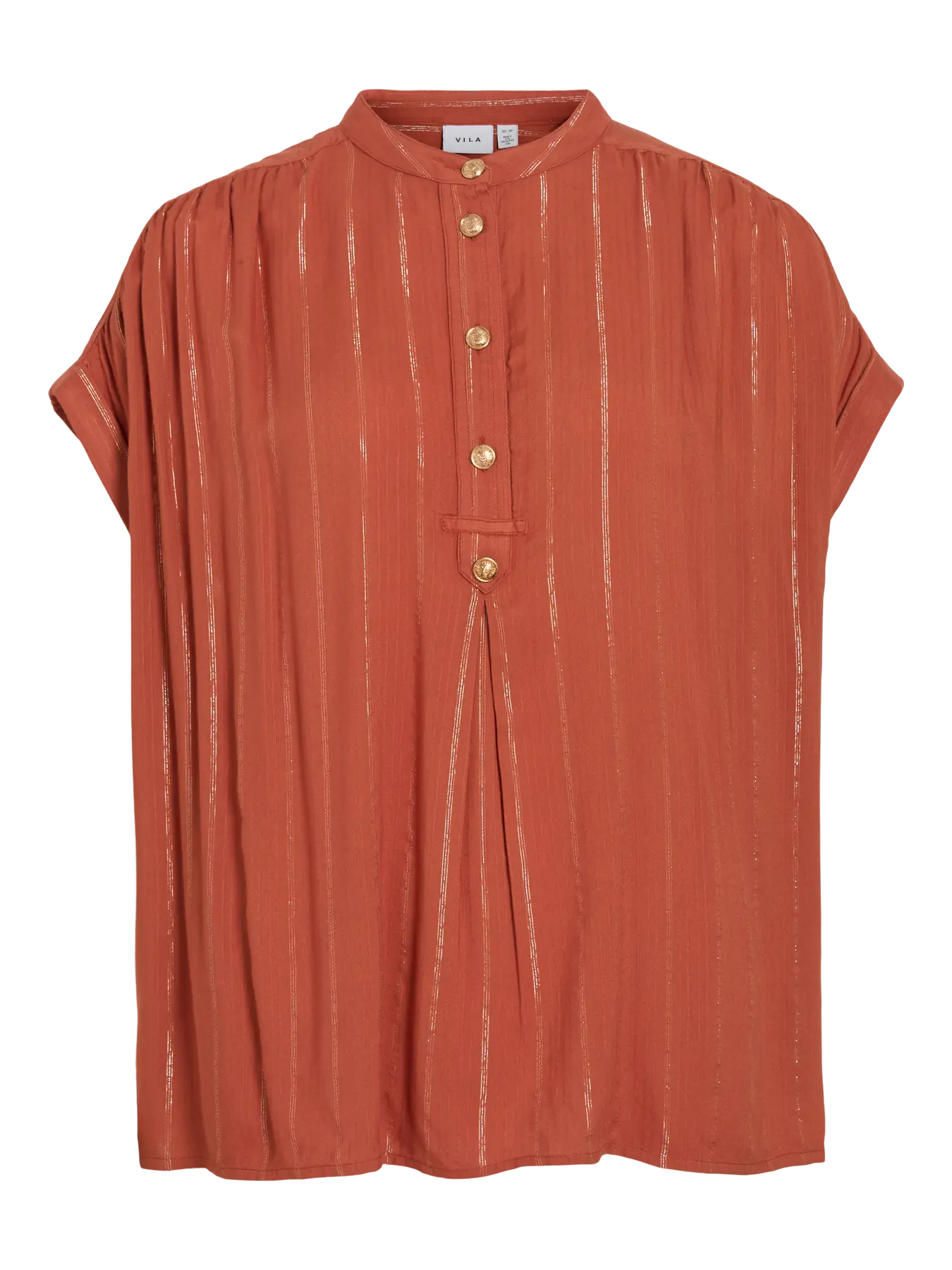 Camisa naranja de manga corta Vila con cuello mao y botones dorados. Tejido ligero con hilo metalizado y caída fluida. Nueva colección Cotton grey disponible online.