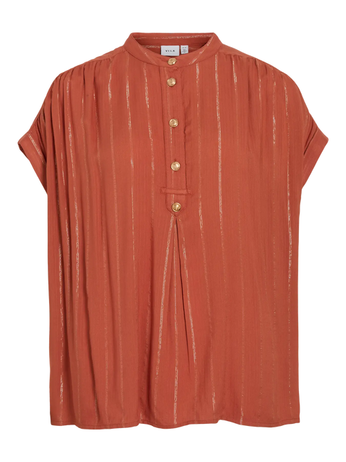 Camisa naranja de manga corta Vila con cuello mao y botones dorados. Tejido ligero con hilo metalizado y caída fluida. Nueva colección Cotton grey disponible online.