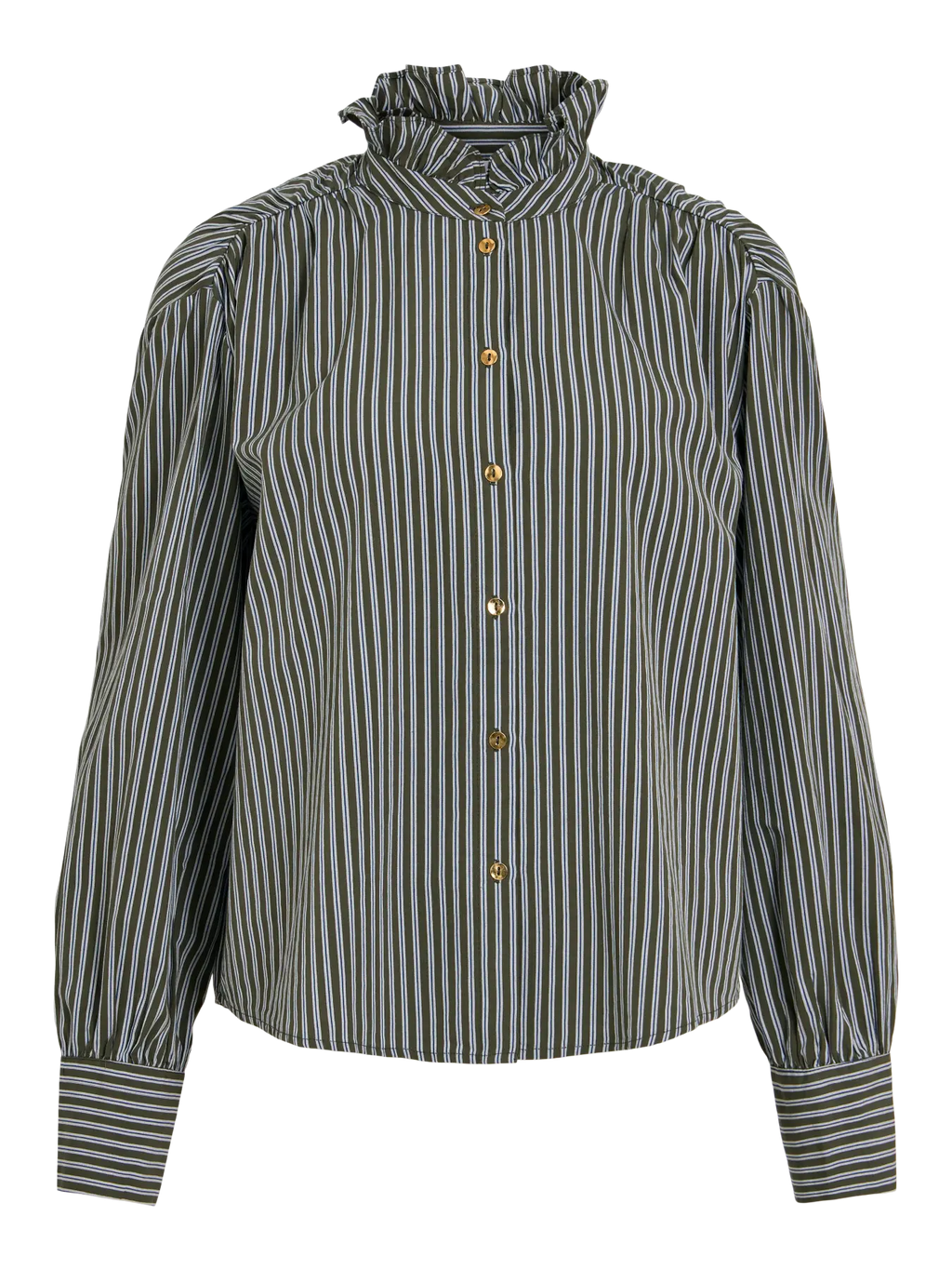 Camisa Katika VILA de rayas verde bosque, azul marino y blanco con cuello de volante