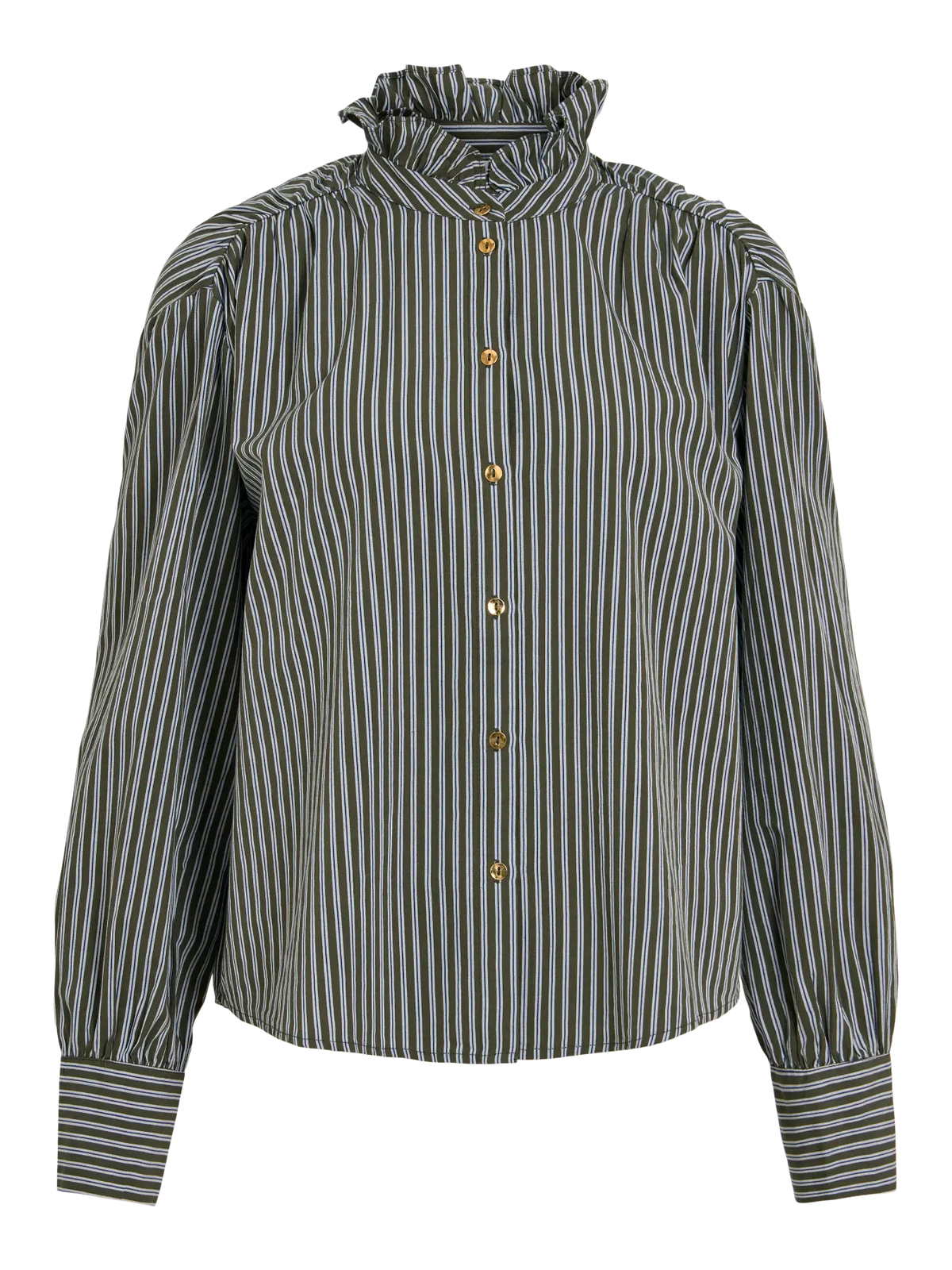 Camisa Katika VILA de rayas verde bosque, azul marino y blanco con cuello de volante