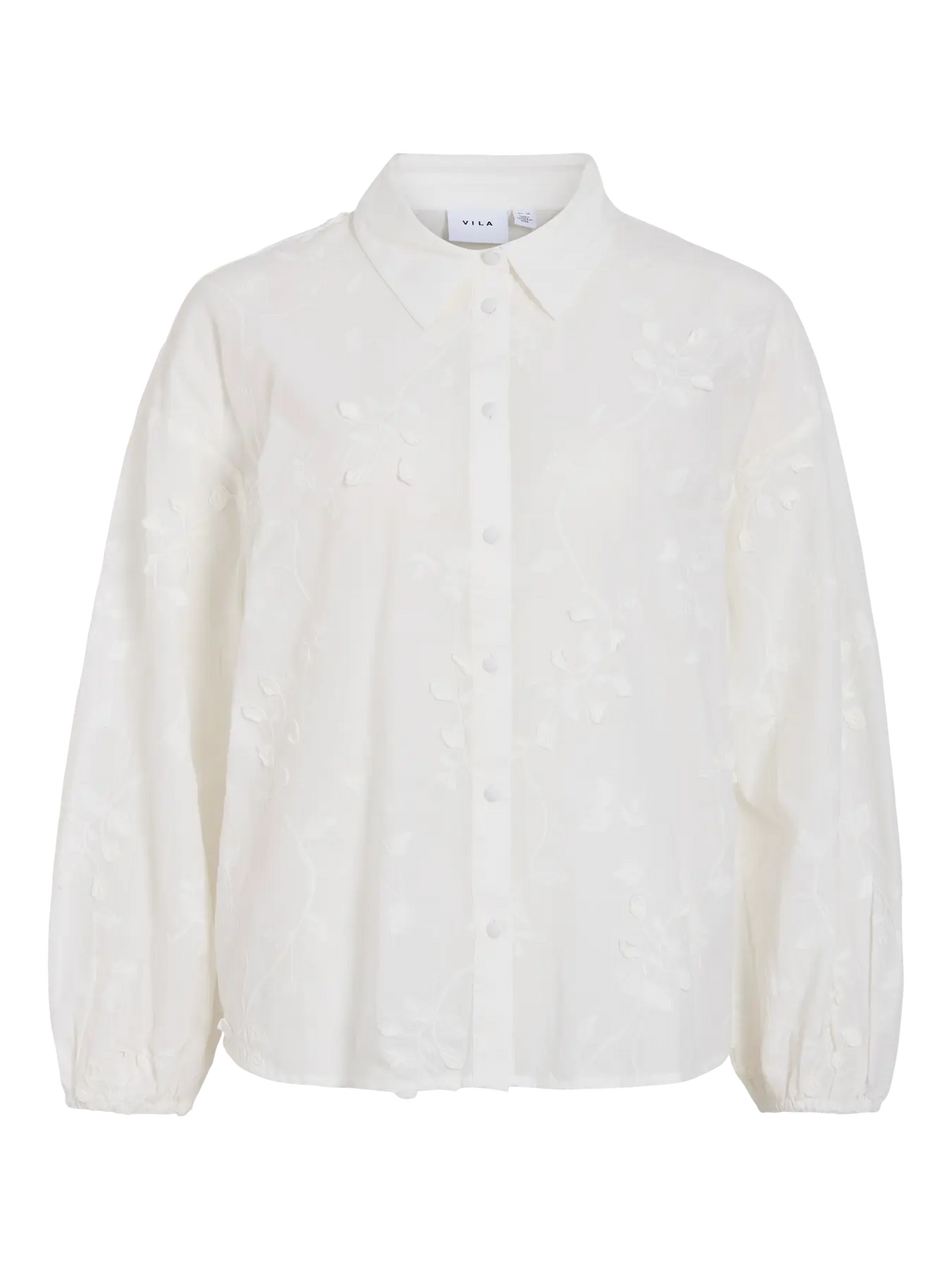 Camisa blanca VILA de mujer con bordados florales en relieve, cuello camisero, botones frontales y manga larga