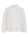 Camisa blanca VILA de mujer con bordados florales en relieve, cuello camisero, botones frontales y manga larga