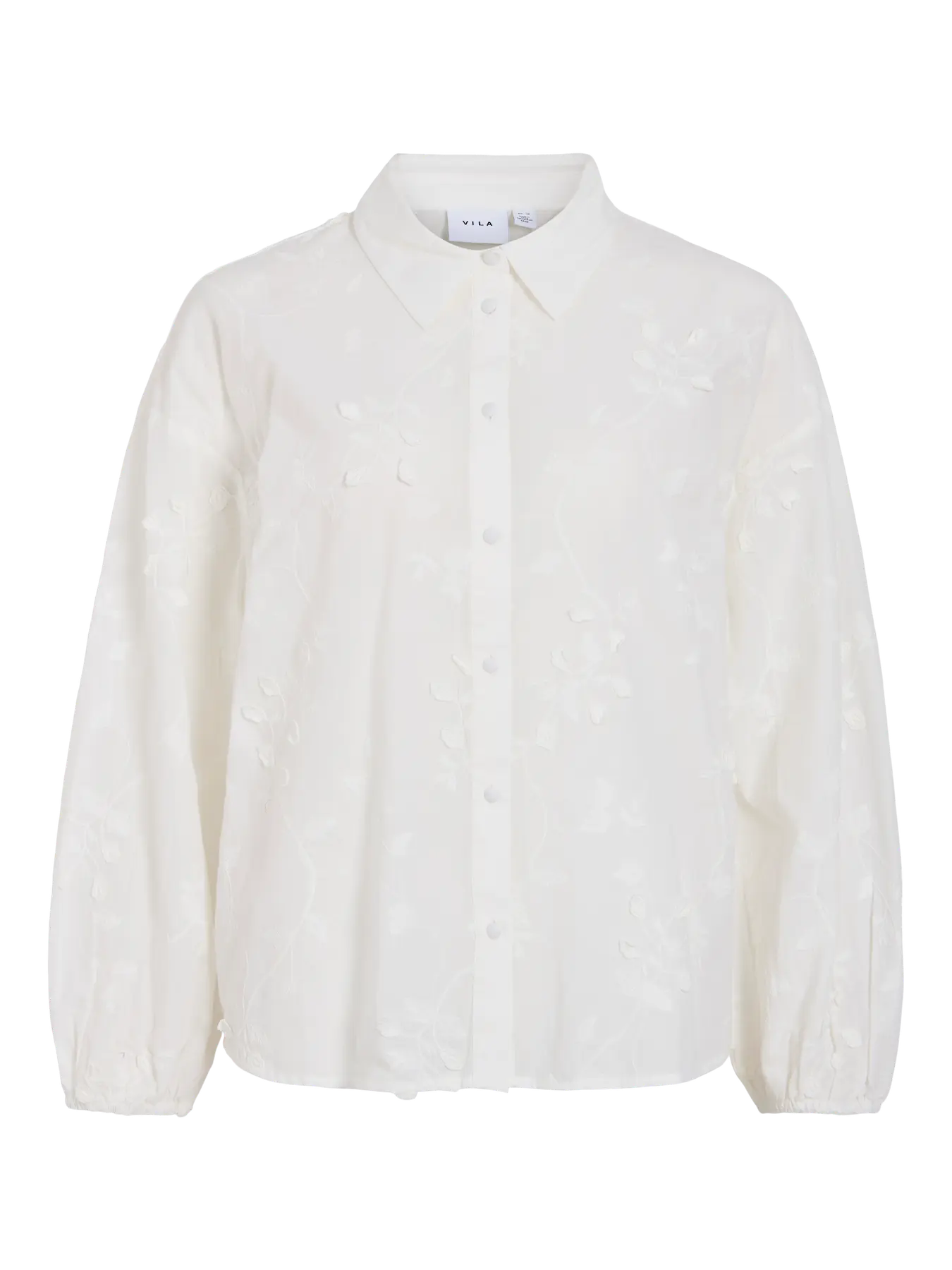 Camisa blanca VILA de mujer con bordados florales en relieve, cuello camisero, botones frontales y manga larga