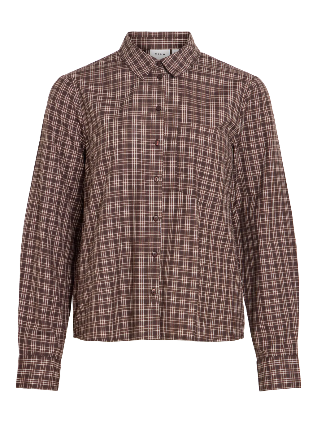 Camisa de cuadros marrón para mujer VILA con cuello camisero, manga larga, cierre frontal de botones y bolsillo en el pecho