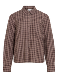 Camisa de cuadros marrón para mujer VILA con cuello camisero, manga larga, cierre frontal de botones y bolsillo en el pecho