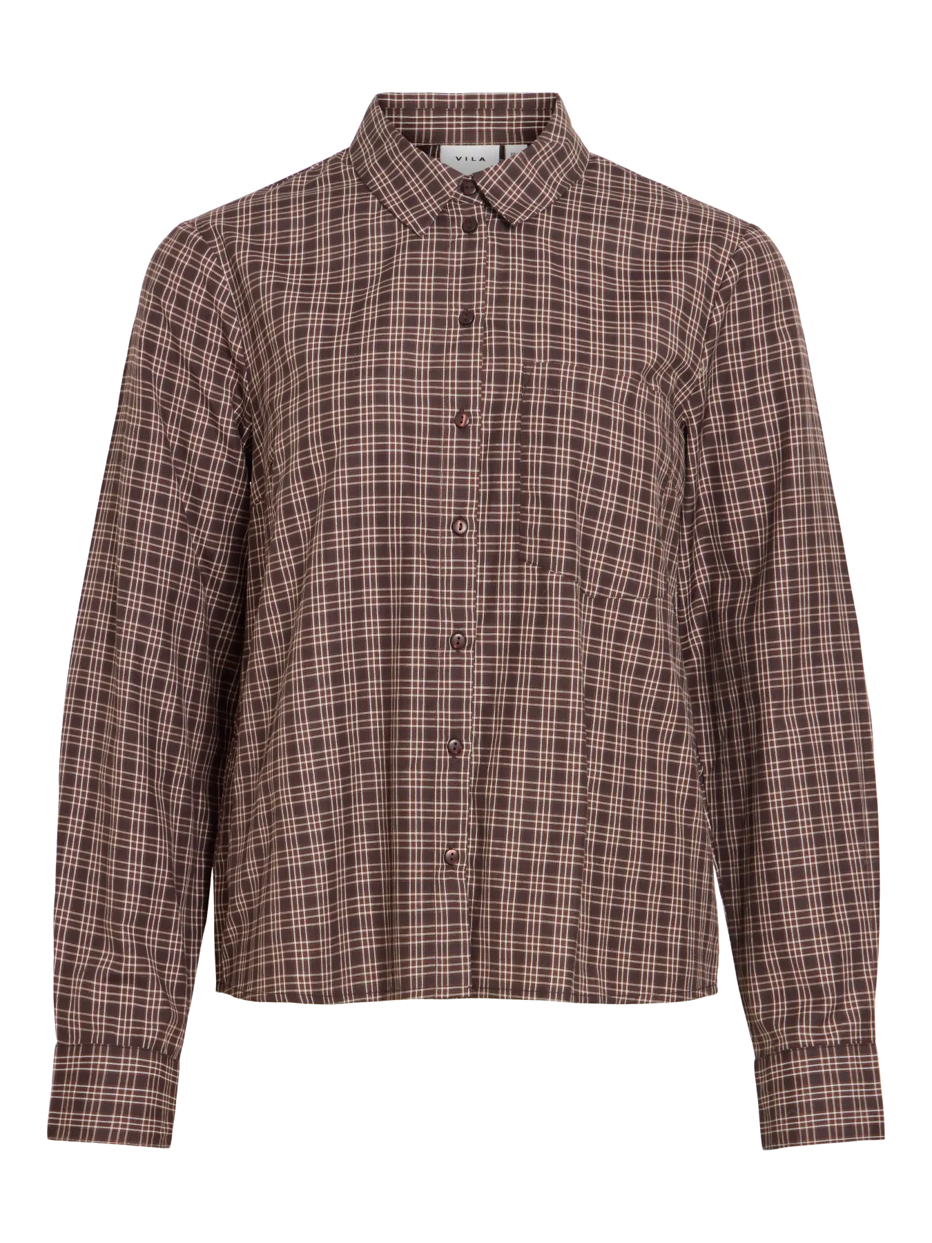 Camisa de cuadros marrón para mujer VILA con cuello camisero, manga larga, cierre frontal de botones y bolsillo en el pecho