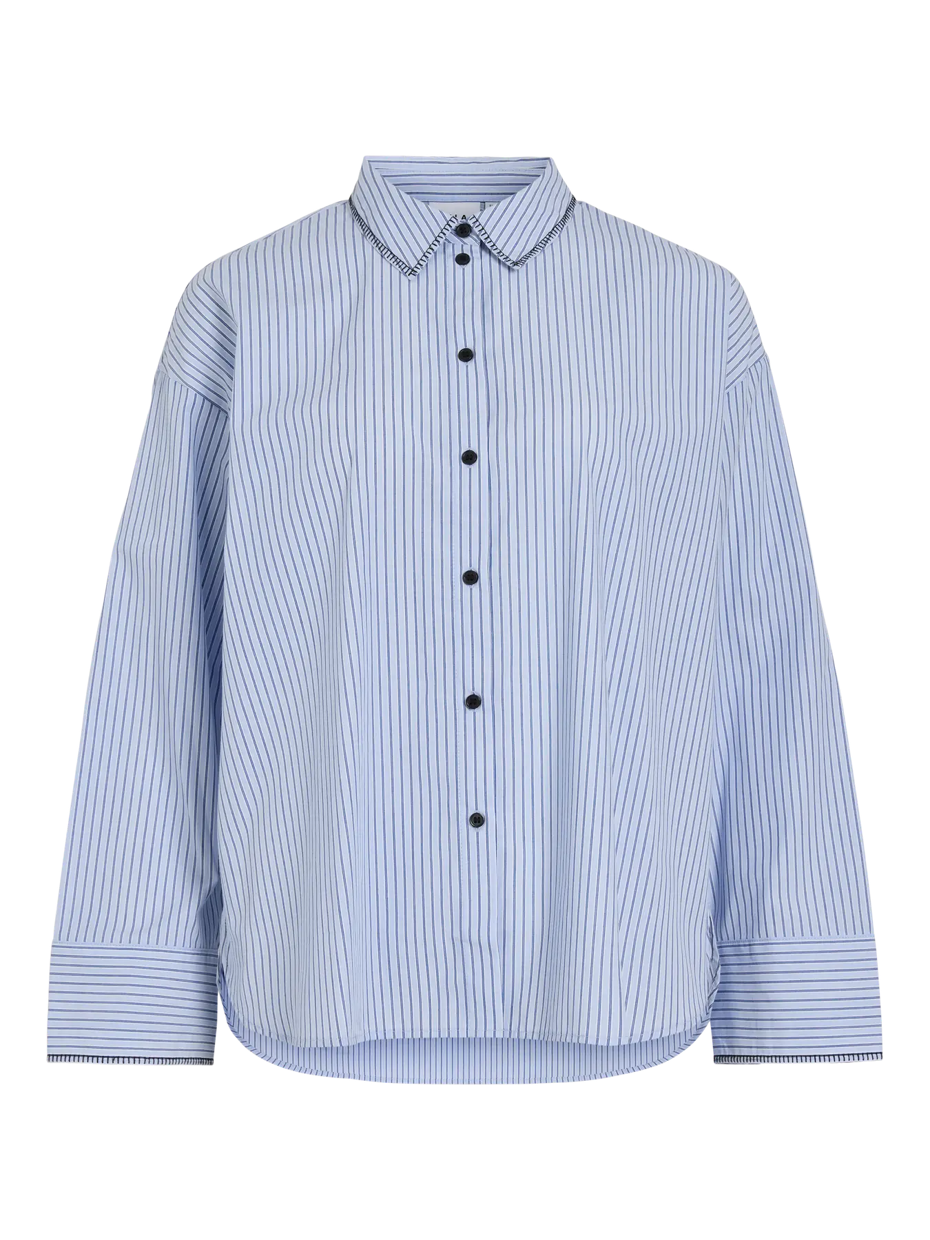 Camisa Lansa de VILA de rayas finas azules y blancas, corte amplio con hombros caídos, cuello camisero, botones negros y manga larga con puños