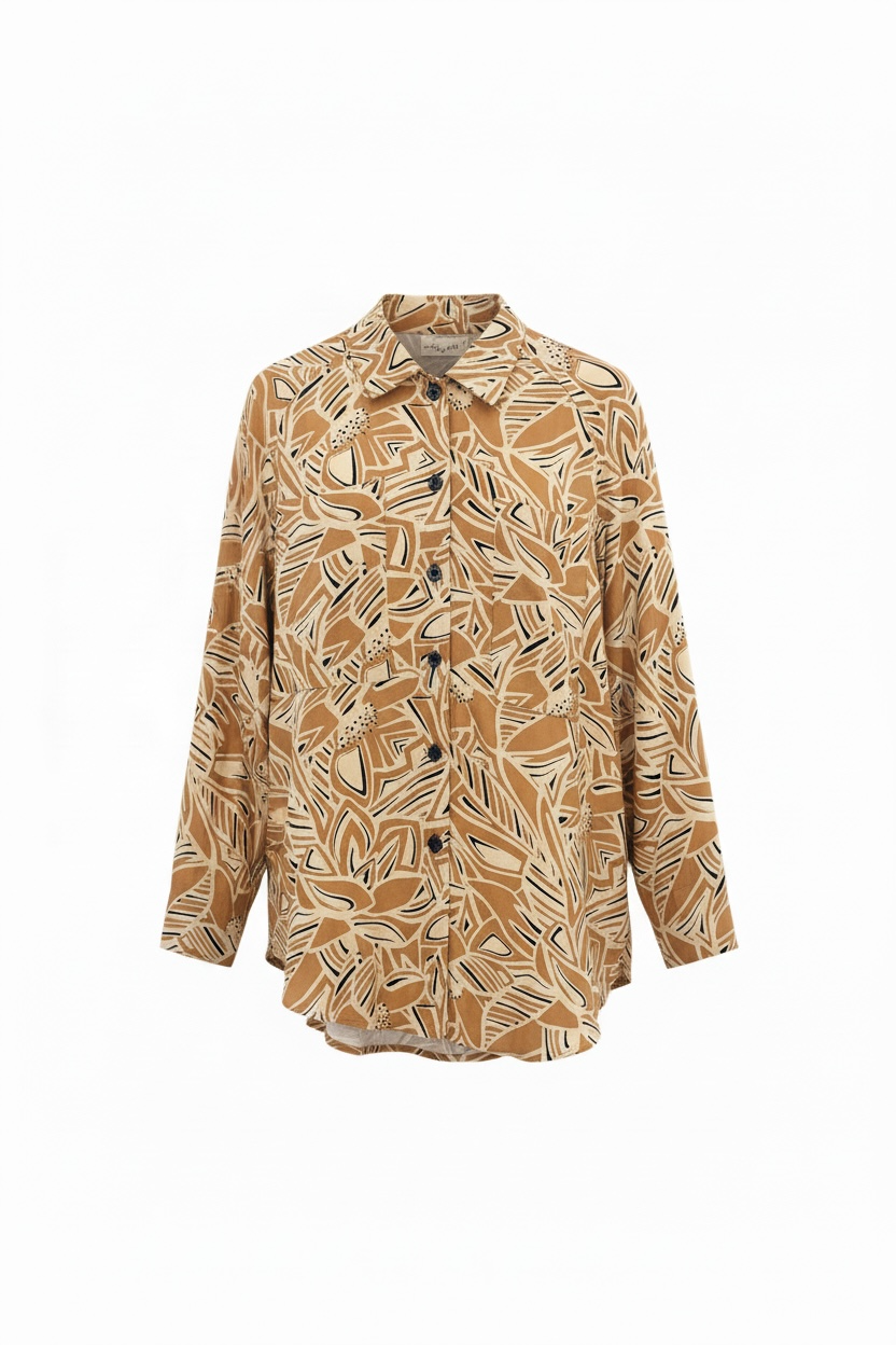 Camisa Nómada Lola Espeleta estampada tonos tierra mujer Cotton Grey Piedras Blancas Asturias