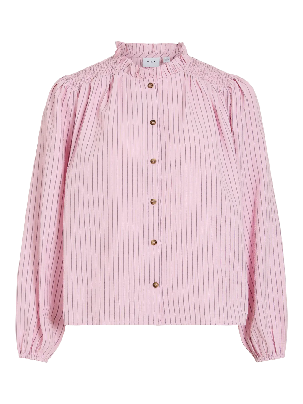 Camisa Browy Cherry de VILA en rosa con finas rayas verticales. Cuello fruncido, botones y mangas con volumen para un look femenino y versátil hombros nido de abeja