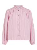 Camisa Browy Cherry de VILA en rosa con finas rayas verticales. Cuello fruncido, botones y mangas con volumen para un look femenino y versátil hombros nido de abeja