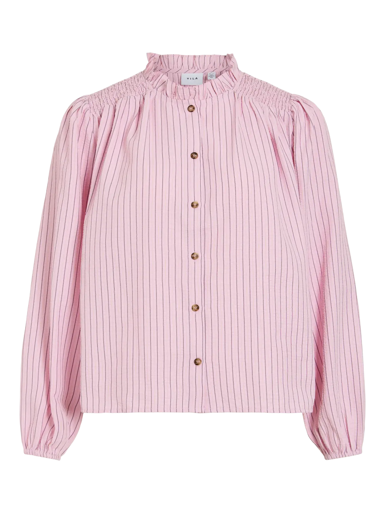 Camisa Browy Cherry de VILA en rosa con finas rayas verticales. Cuello fruncido, botones y mangas con volumen para un look femenino y versátil hombros nido de abeja